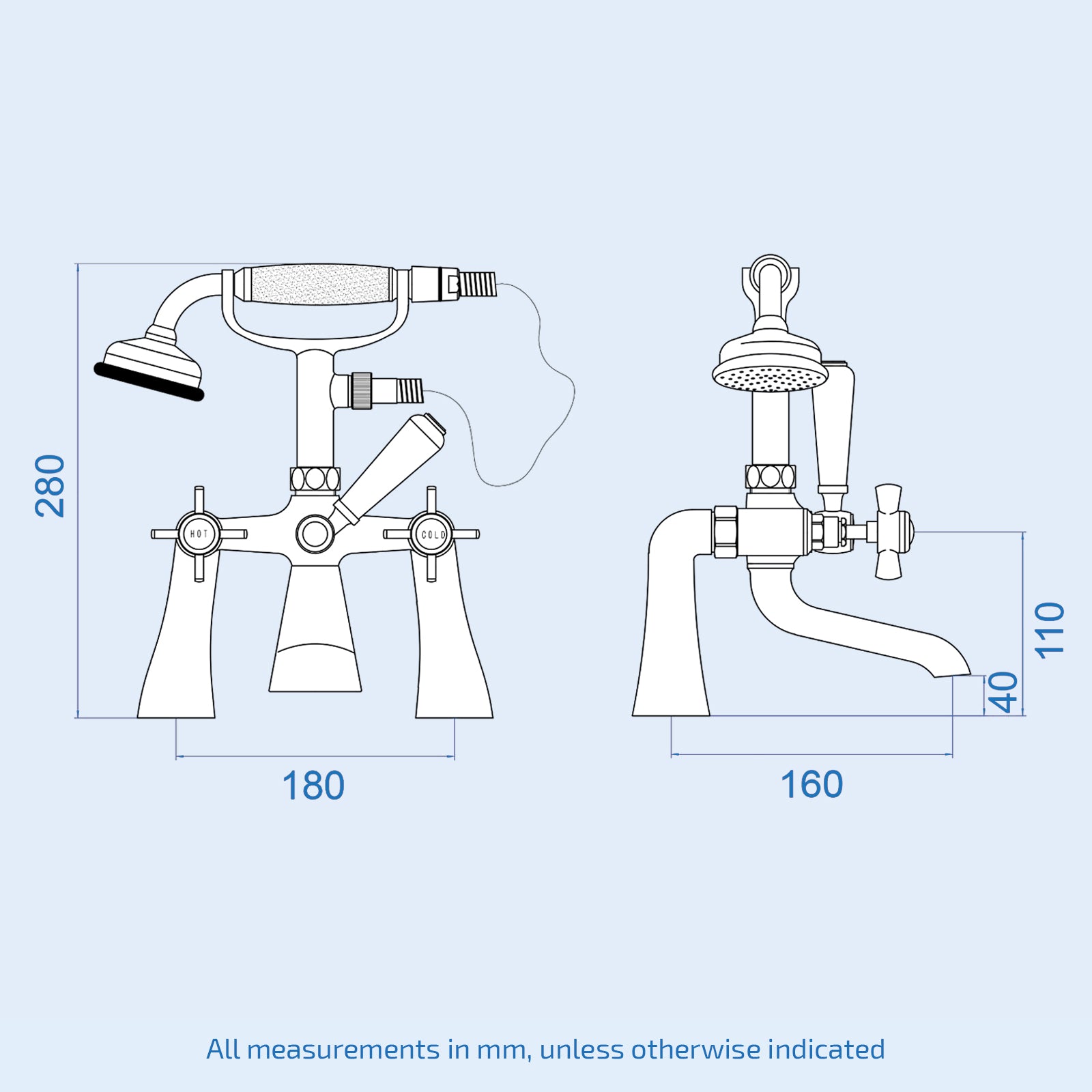 Technical drawing/blueprint of a shower system with dimensions on a light blue background