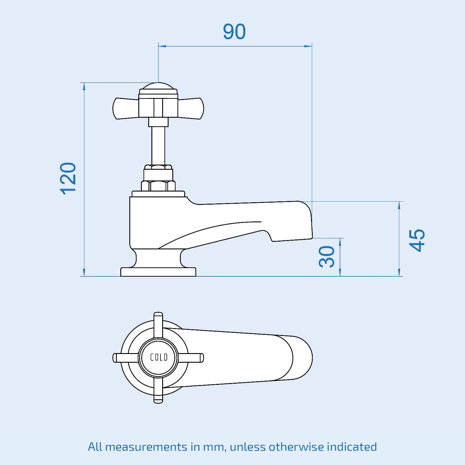 Technical drawing/blueprint of a faucet with dimensions on a light blue background