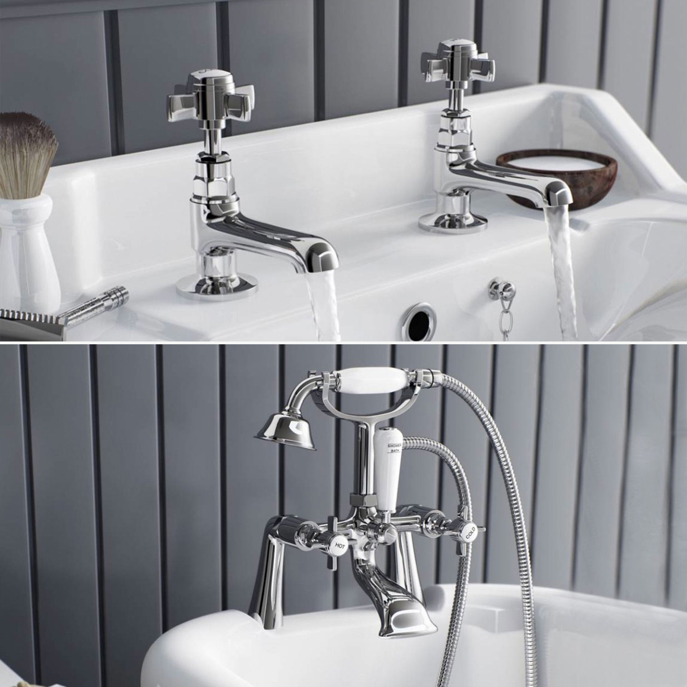 Two split screen pictures for bathroom fixtures including a bathtub with chrome faucets and a shower head against a gray paneled wall.