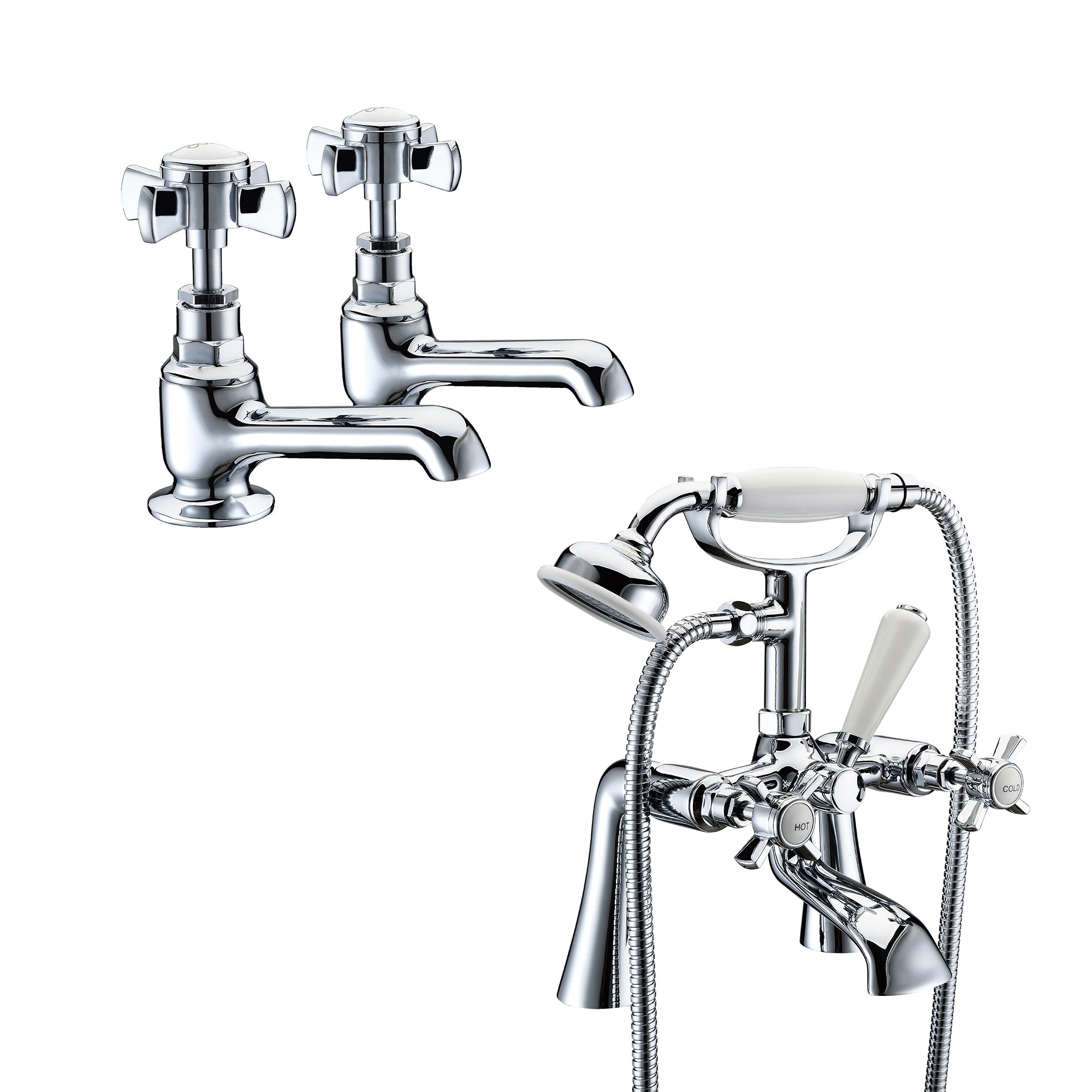 Chrome bathroom faucet set with shower head on a white background