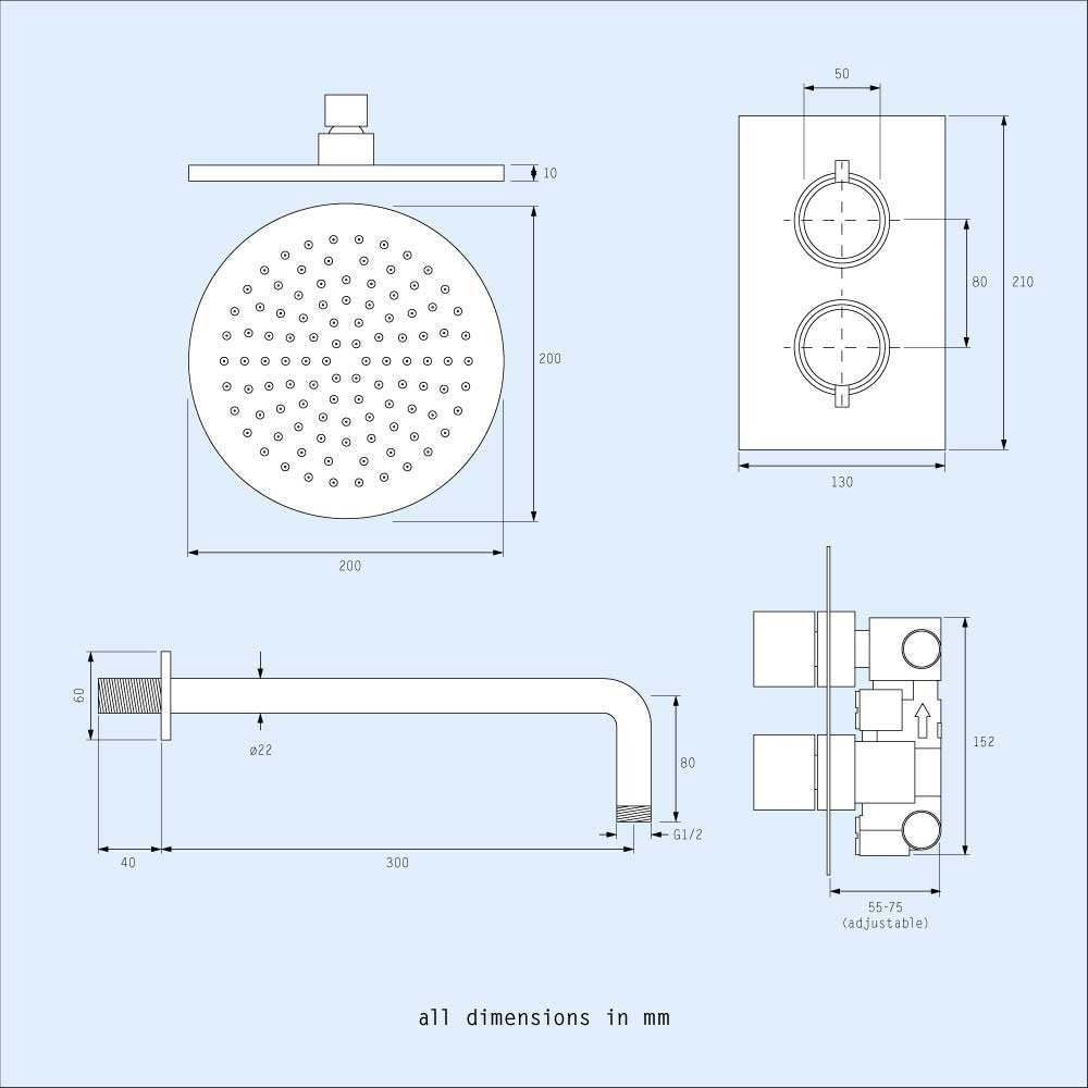 Violet Thermostatic 2 Dial 2 Way Round Set - Led Shower Head & Handset