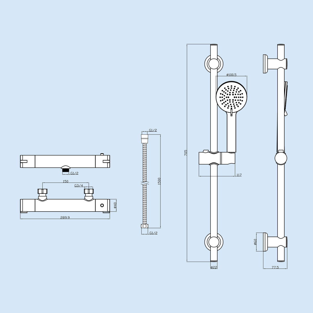 Loxley Round Thermostatic Mixer With Slider Rail & Handset Matte Black