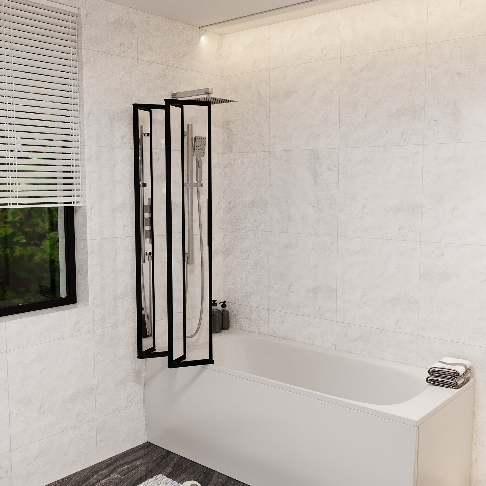 1100mm 4 Fold Folding Bath Shower Screen Matt Black Frame