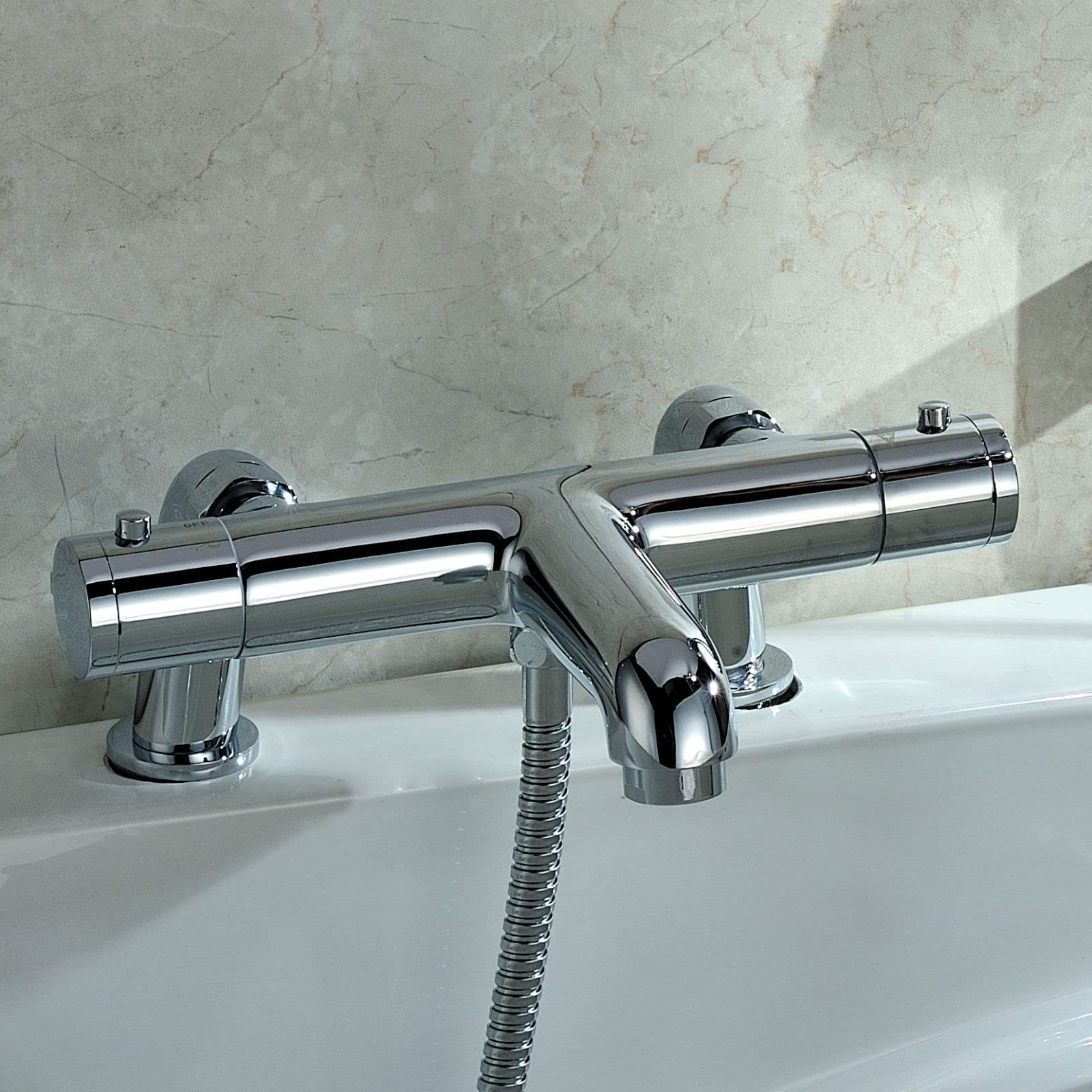 Modern Thermostatic Bath Shower Mixer TAP Deck Pillar Chrome TAPS Set