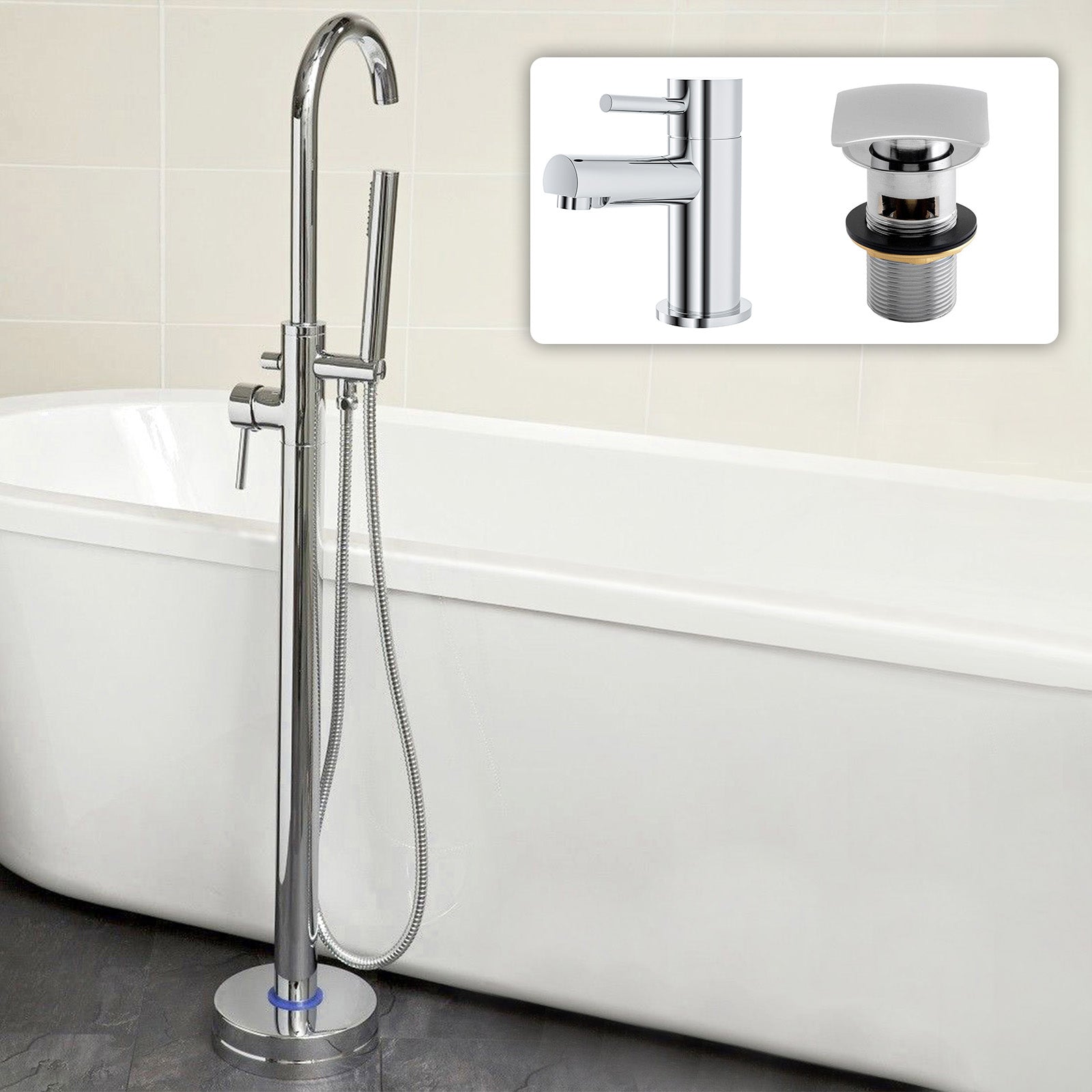 Marc Basin Mixer, Freestanding Bath Shower Mixer + Waste Chrome