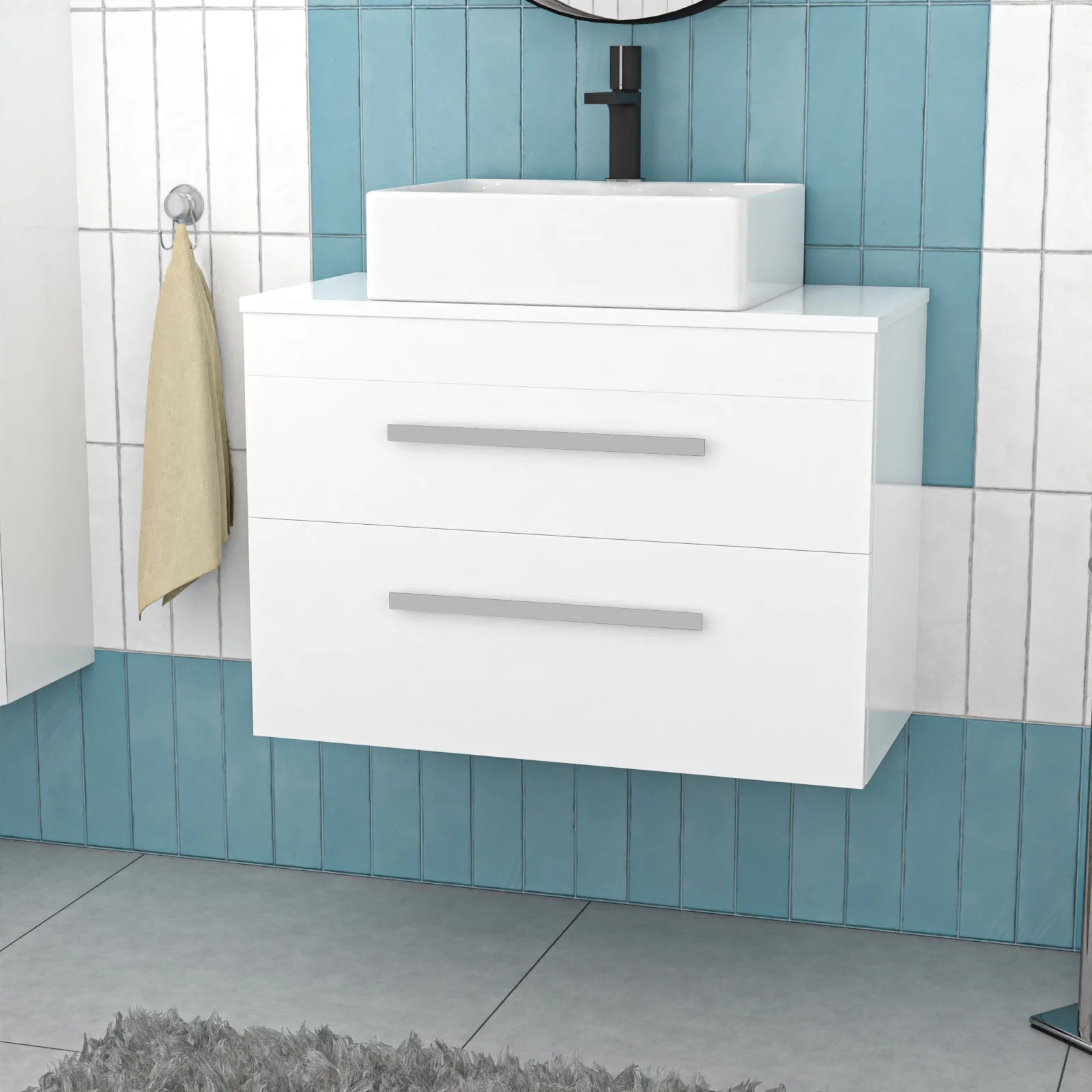 Nanuya 800mm White Wall Hung 2 Drawers with Countertop 485mm Rectangular Basin and Worktop
