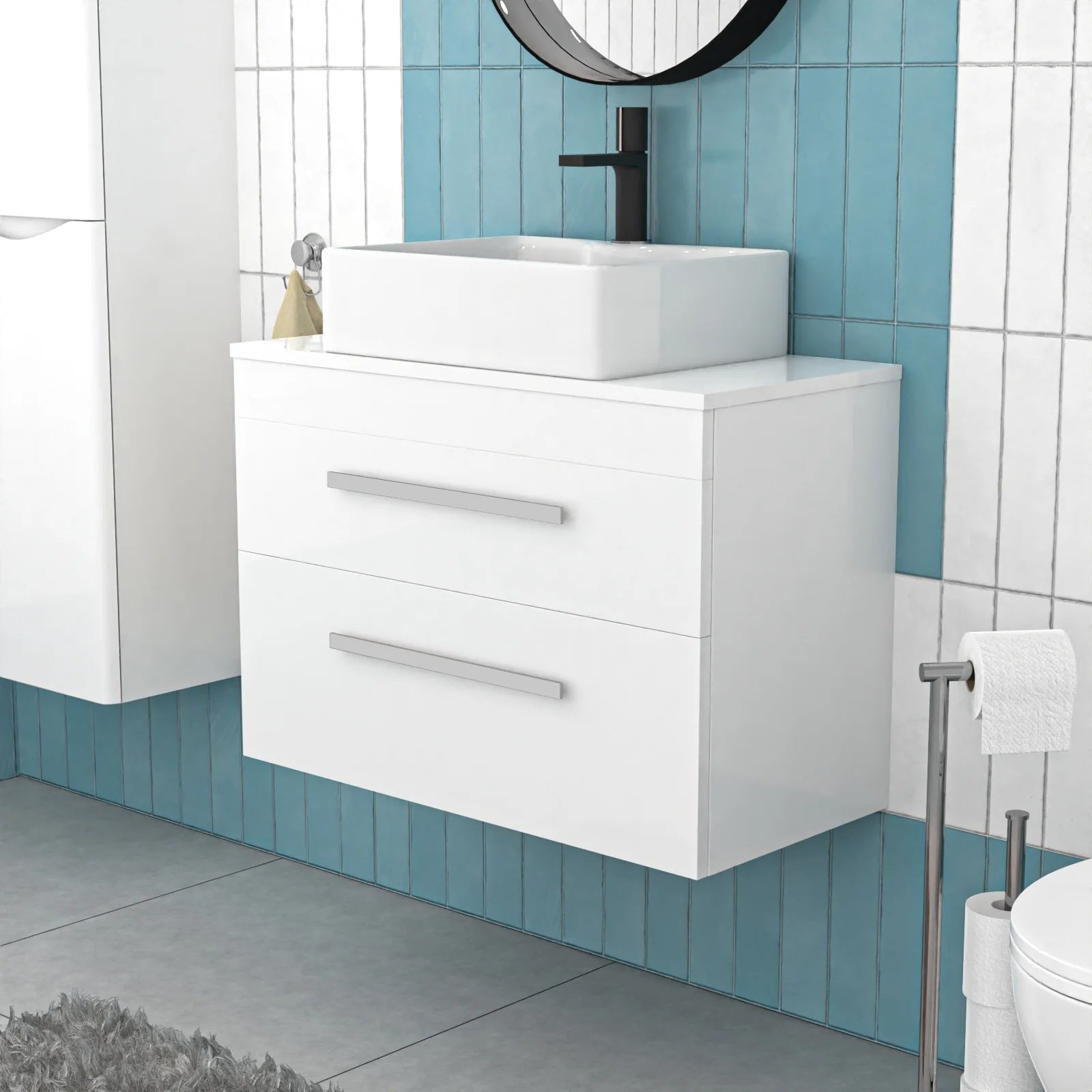 Nanuya 800mm White Wall Hung 2 Drawers with Countertop 485mm Rectangular Basin and Worktop