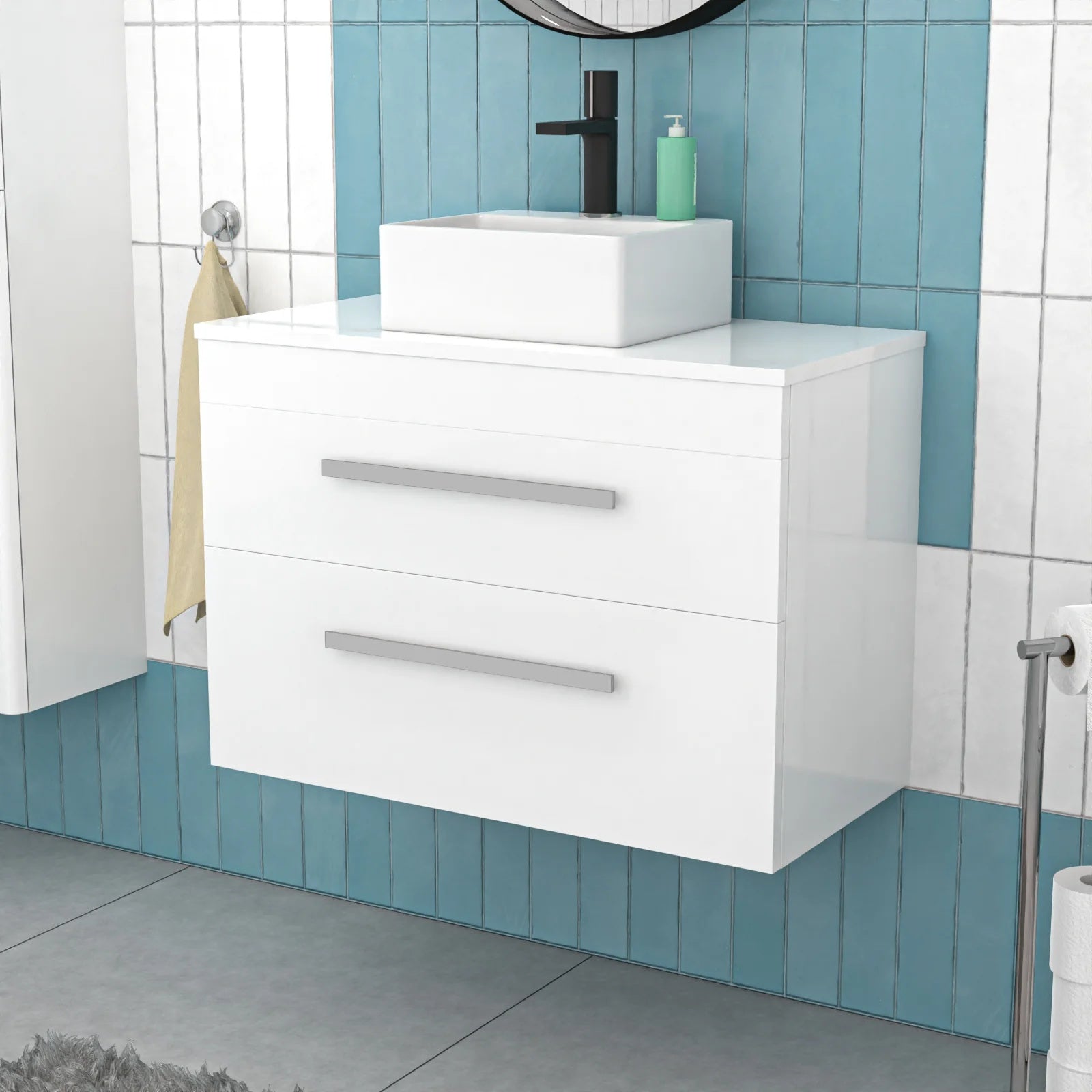 Nanuya 800mm White Wall Hung 2 Drawers with Countertop 420mm Rectangular Basin and Worktop