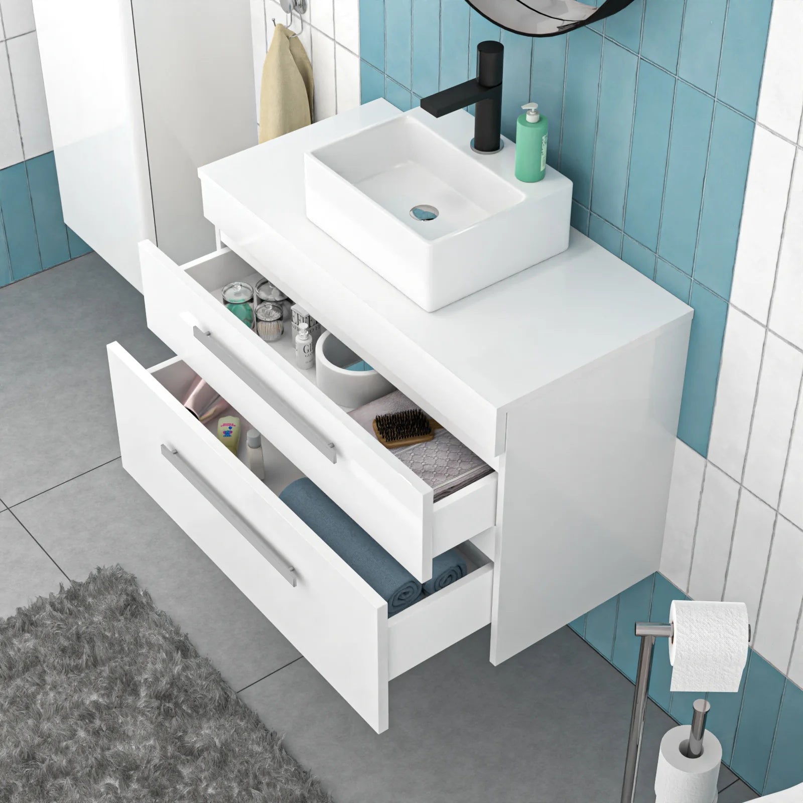 Nanuya 800mm White Wall Hung 2 Drawers with Countertop 420mm Rectangular Basin and Worktop