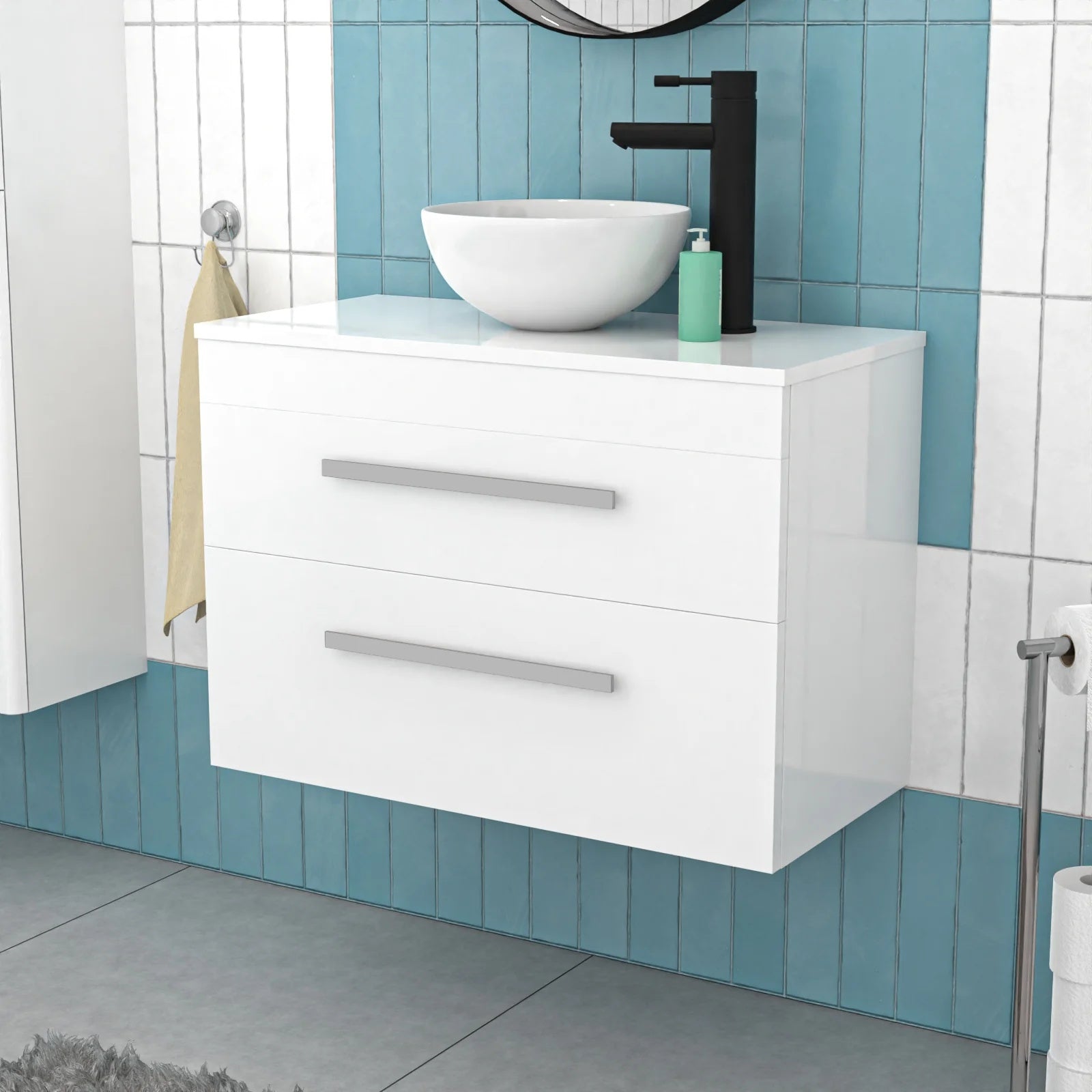 Nanuya 800mm White Wall Hung 2 Drawers with Countertop Round Basin and Worktop