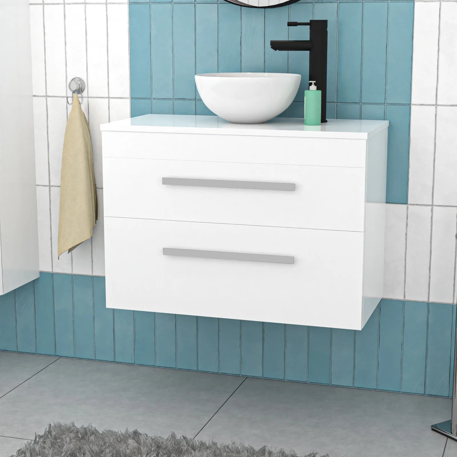 Nanuya 800mm White Wall Hung 2 Drawers with Countertop Round Basin and Worktop