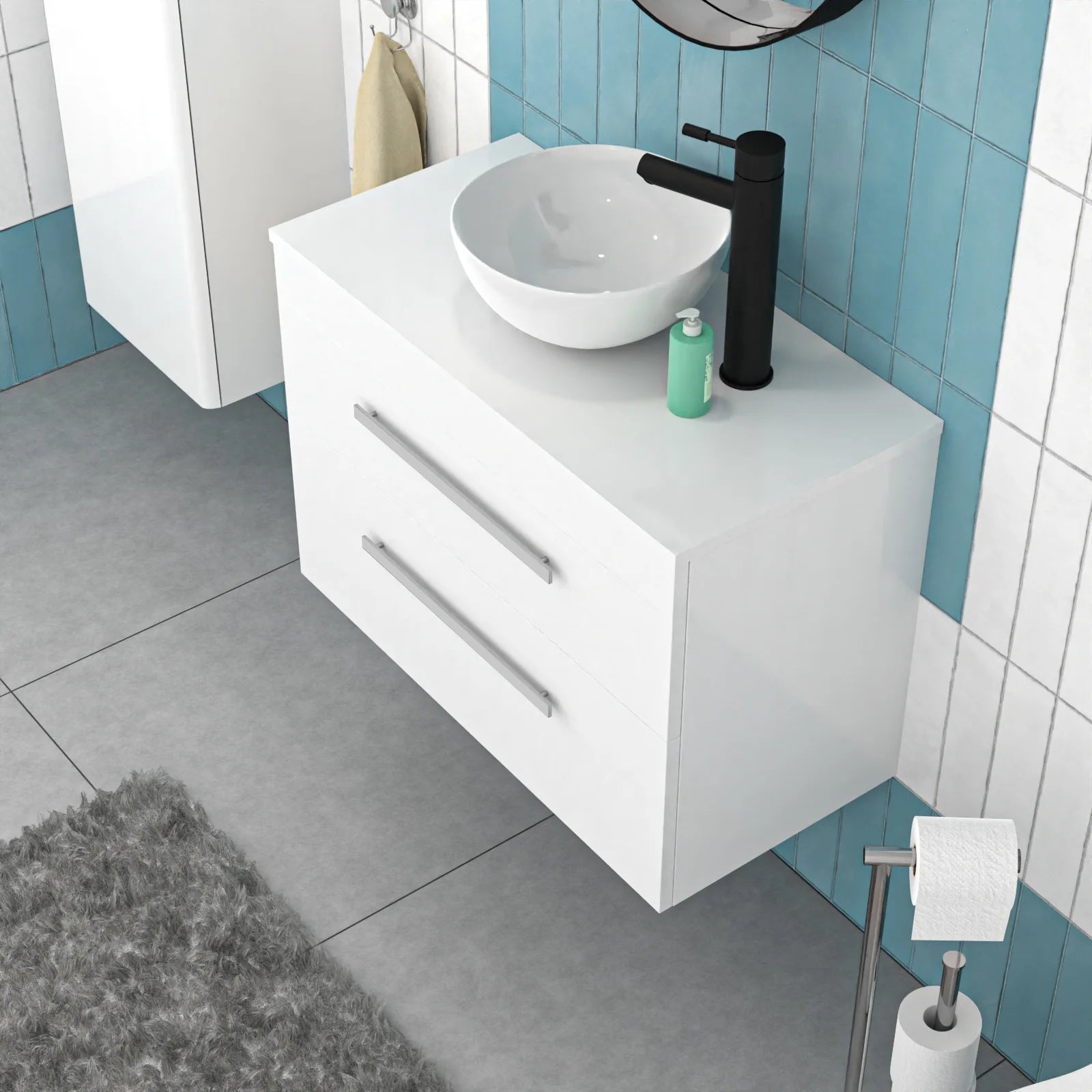 Nanuya 800mm White Wall Hung 2 Drawers with Countertop Round Basin and Worktop