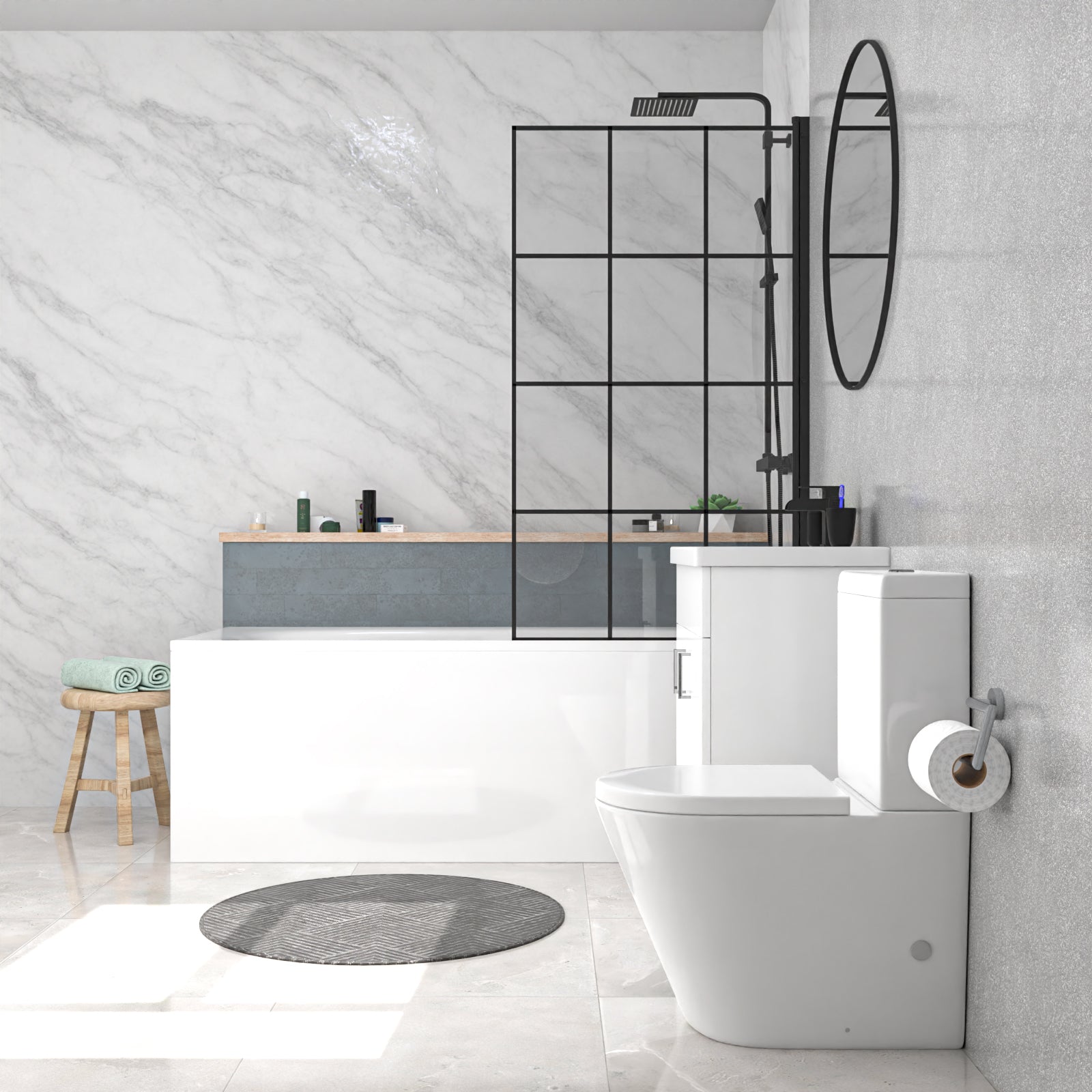 Round Toilet Vanity & Matt Black Shower Bath With Grid Bath Screen Set