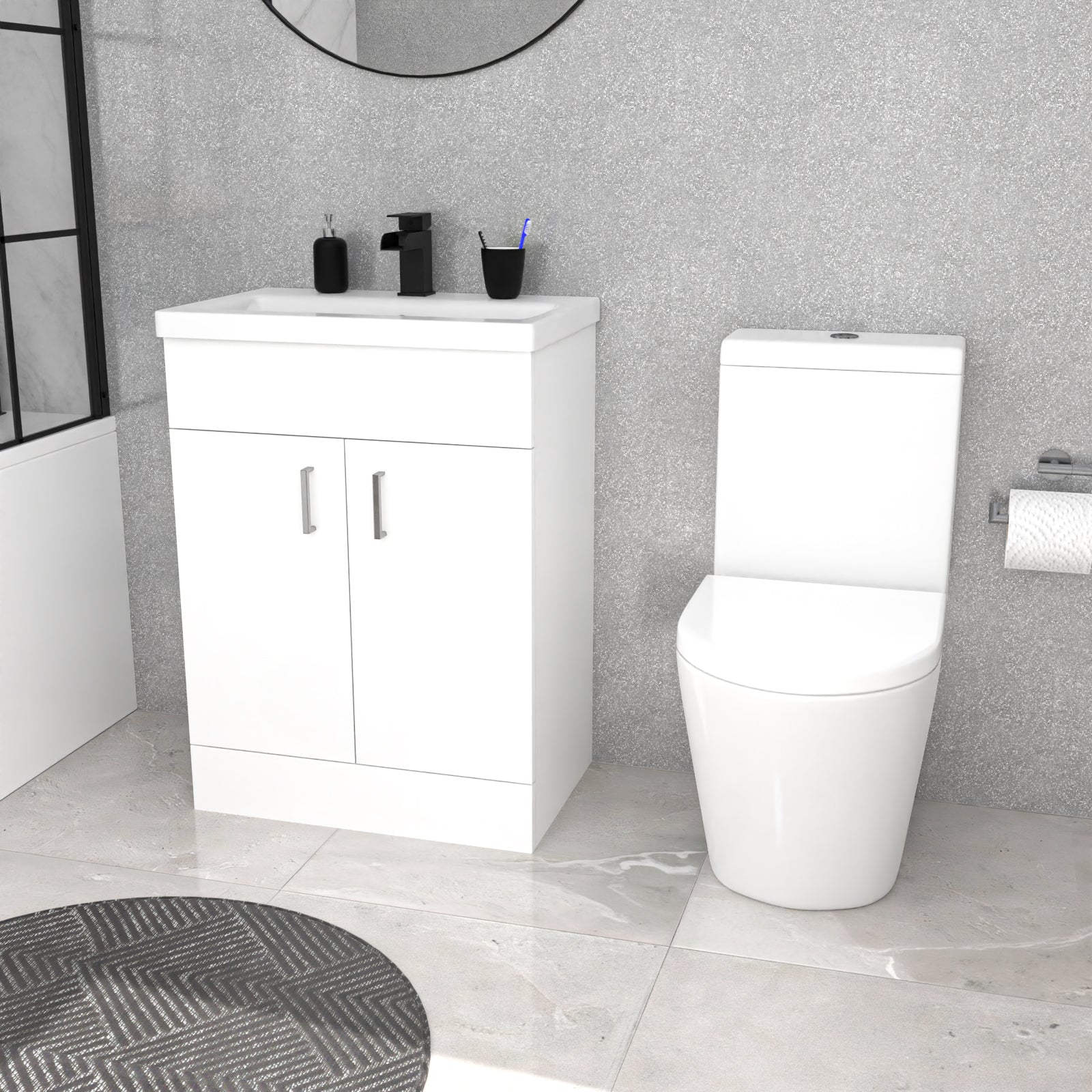 Round Toilet Vanity & Matt Black Shower Bath With Grid Bath Screen Set