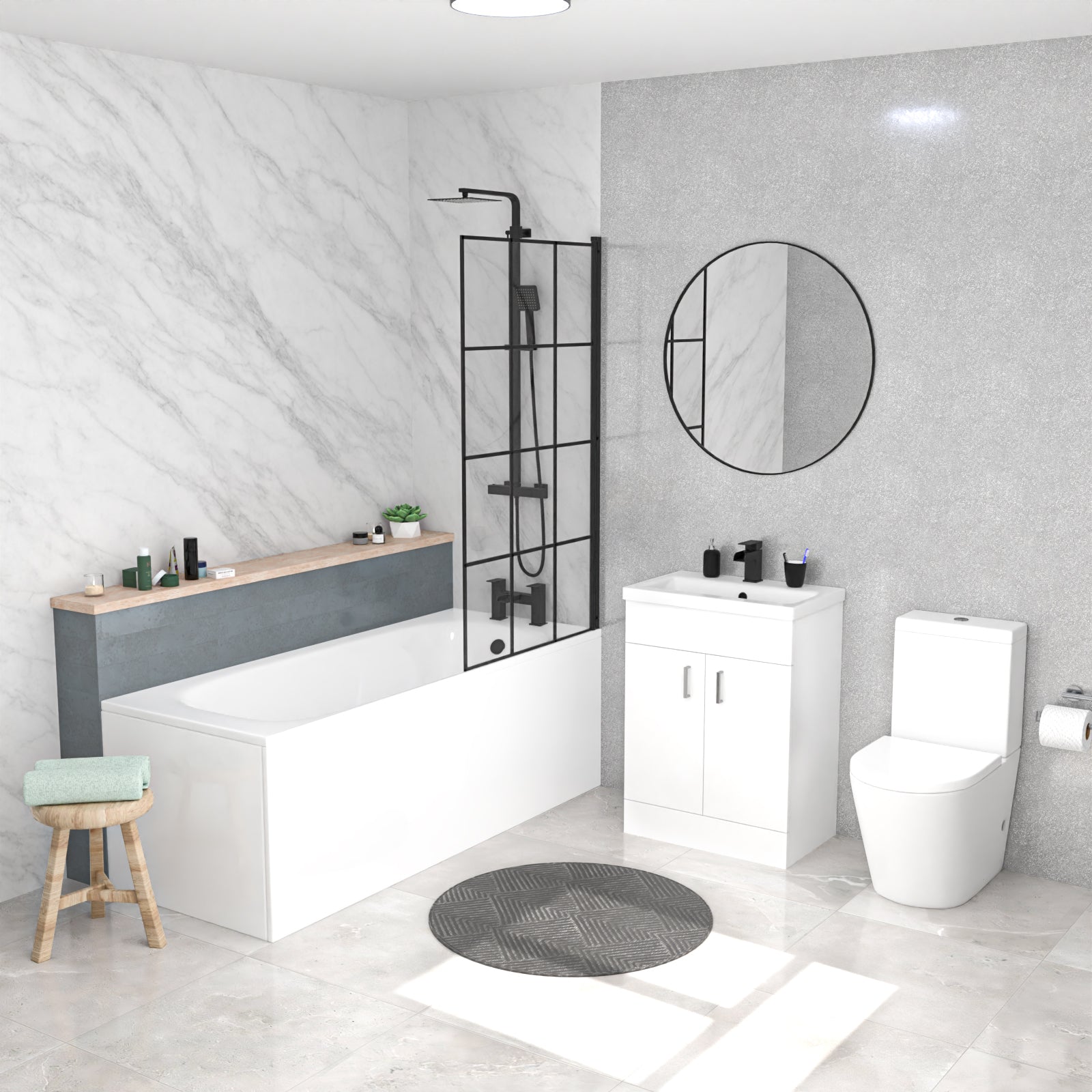 Round Toilet Vanity & Matt Black Shower Bath With Grid Bath Screen Set