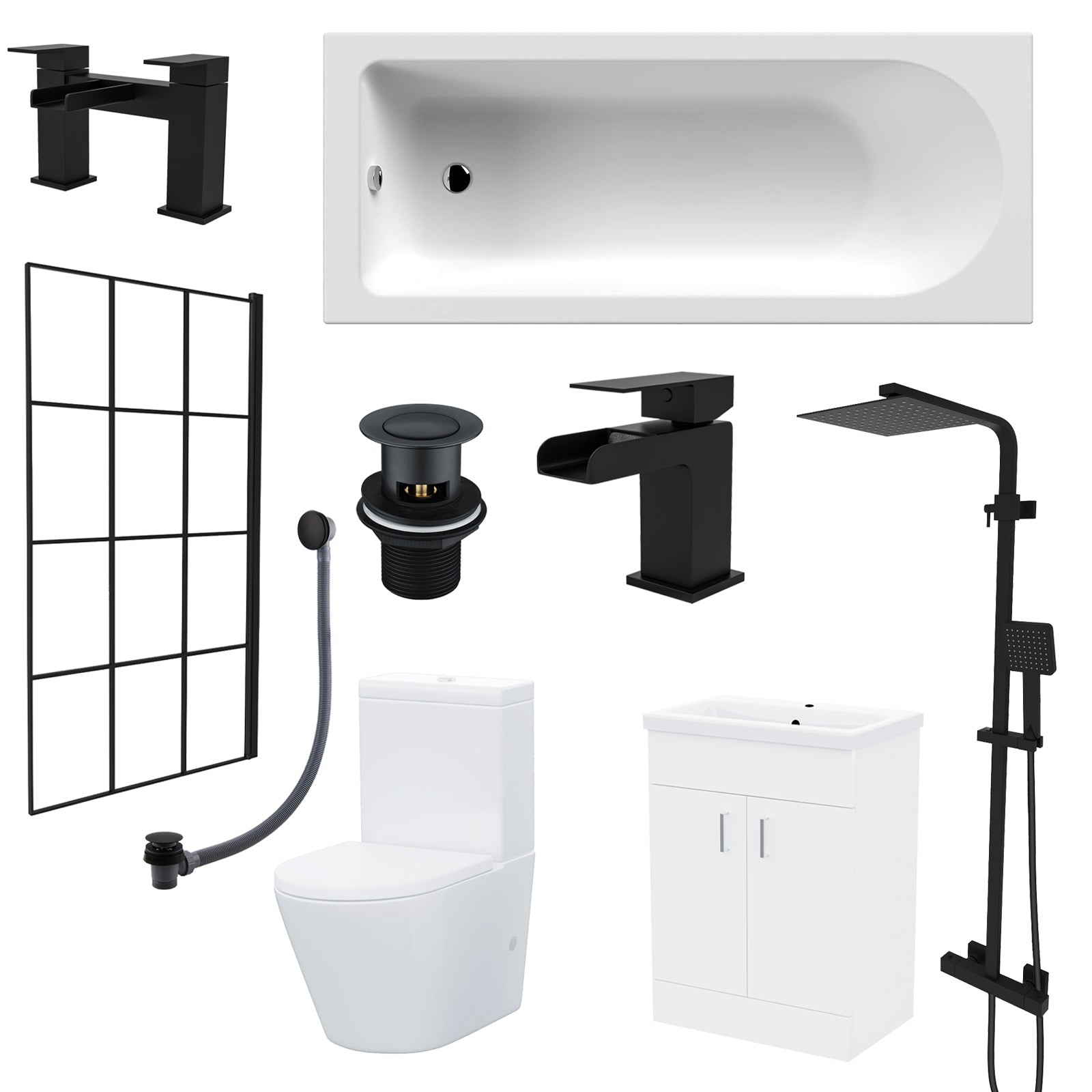 Round Toilet Vanity & Matt Black Shower Bath With Grid Bath Screen Set