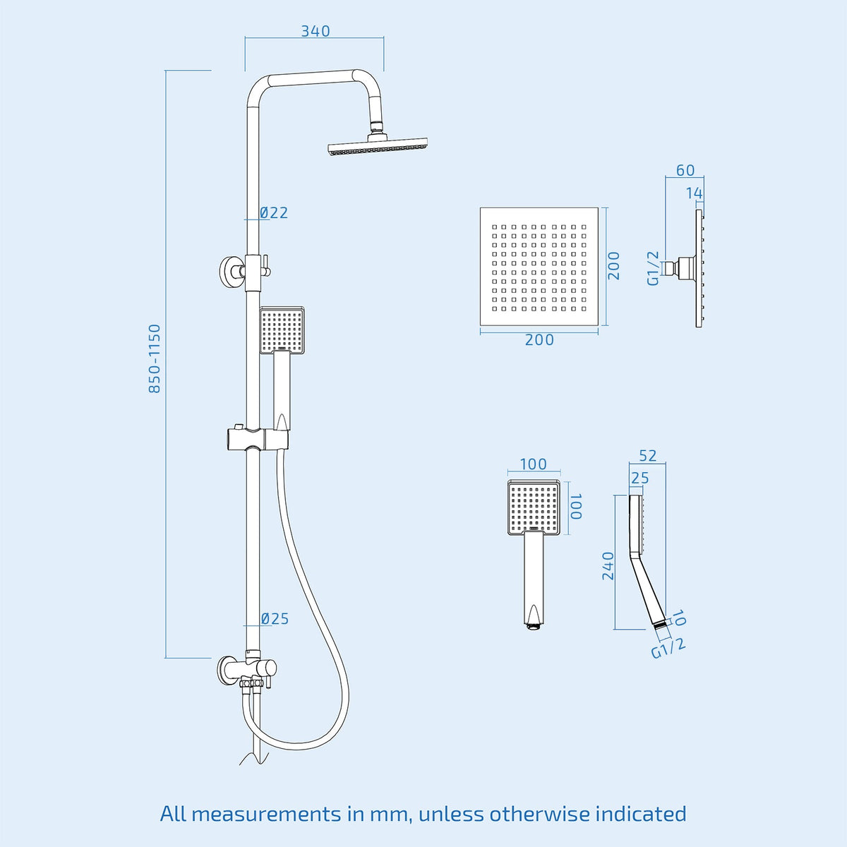 Winstead Modern Exposed Square Shower Single Mode Handset And Riser Rail Kit