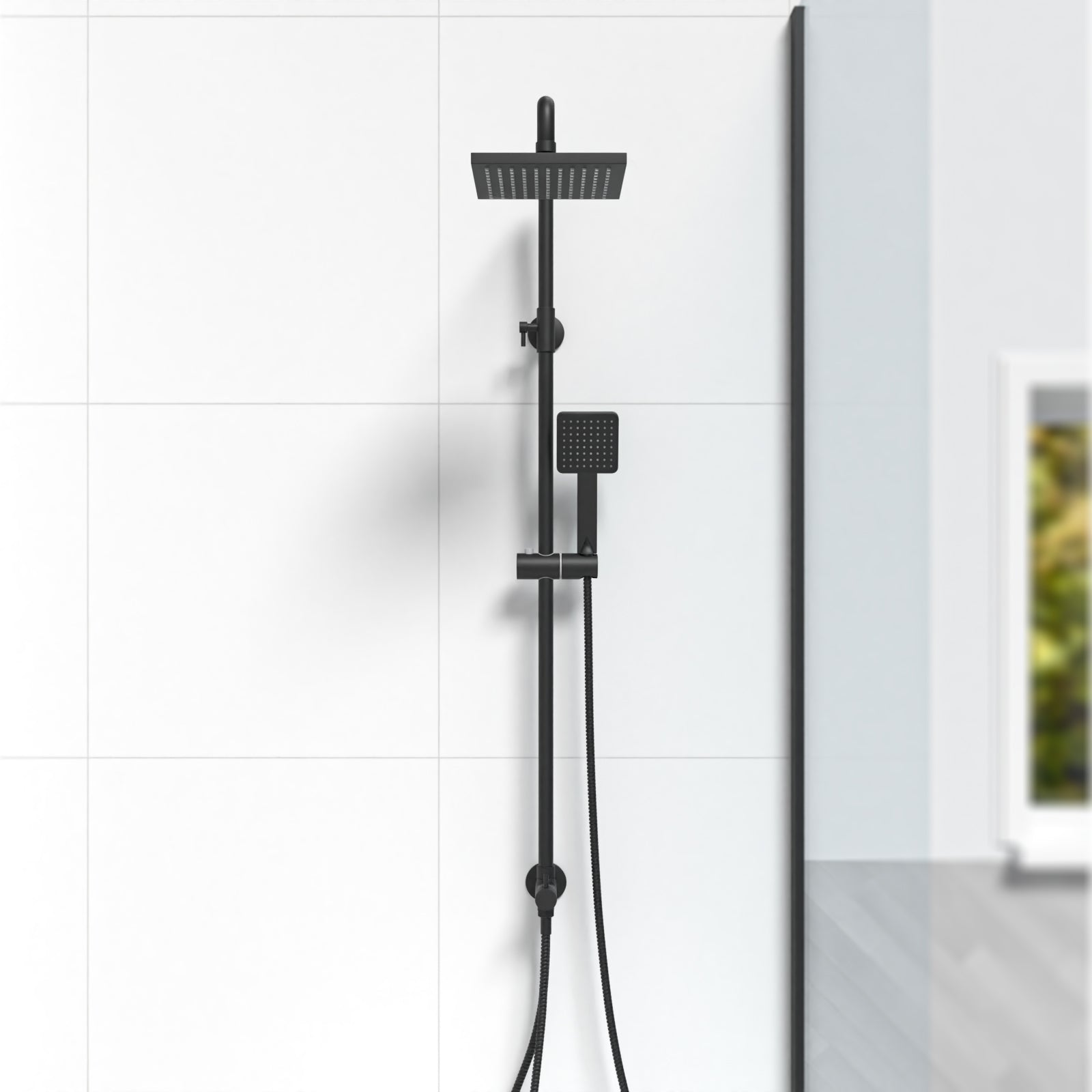 Matt Black Square Exposed Bathroom Shower Mixer Twin Head Set