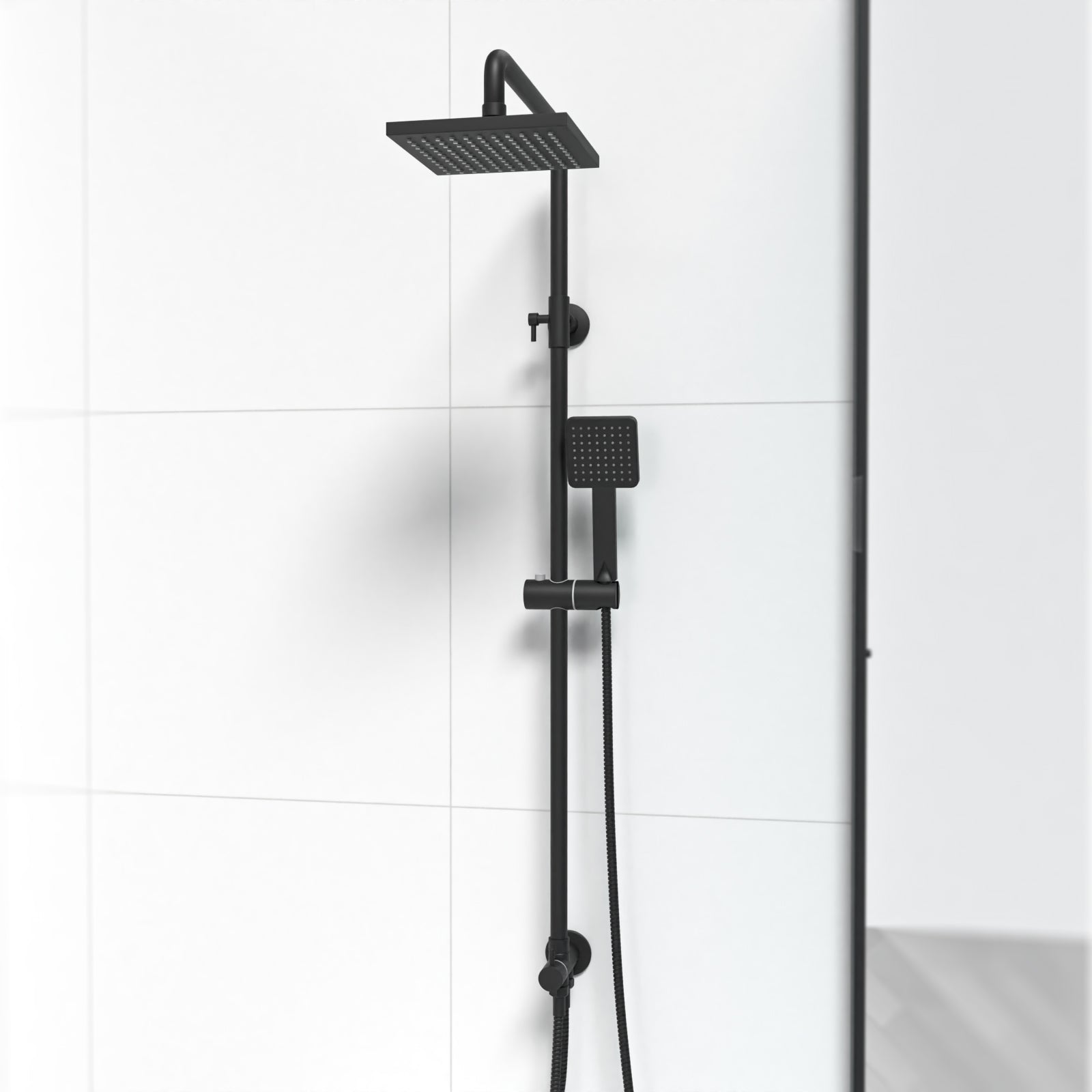 Matt Black Square Exposed Bathroom Shower Mixer Twin Head Set