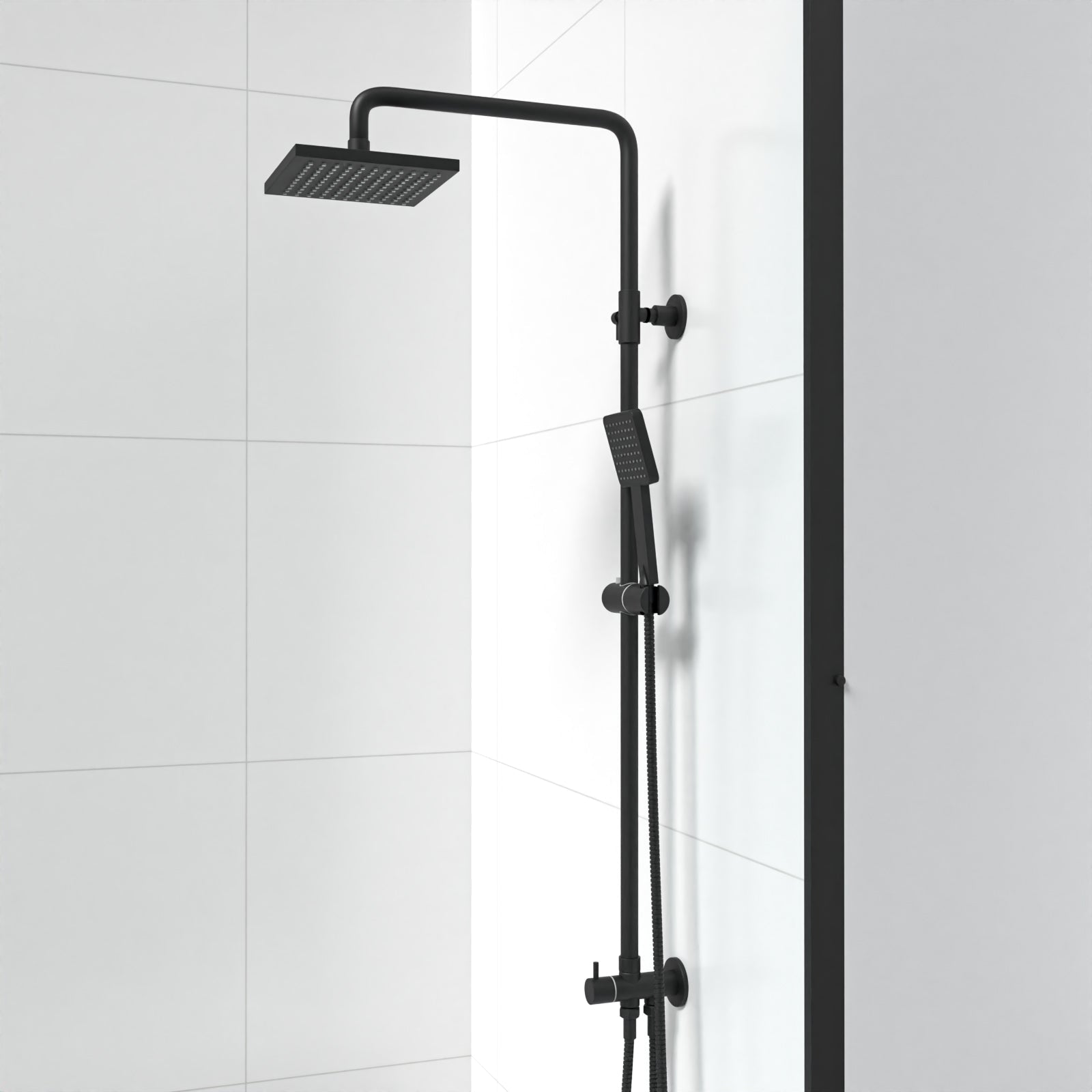Matt Black Square Exposed Bathroom Shower Mixer Twin Head Set
