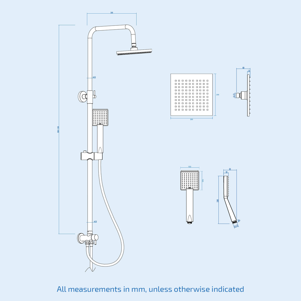 Matt Black Square Exposed Bathroom Shower Mixer Twin Head Set