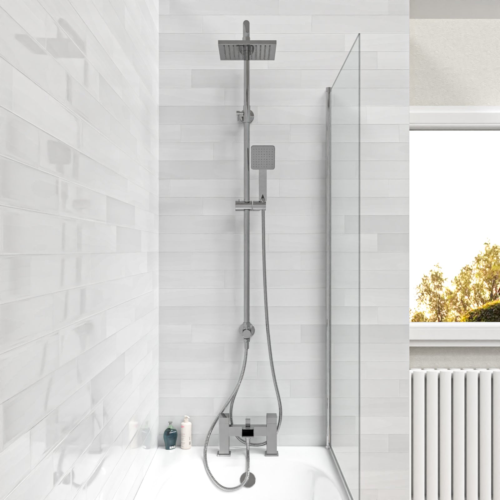 Square Chrome 2 Ways Exposed Shower Mixer Riser Rail & Handset