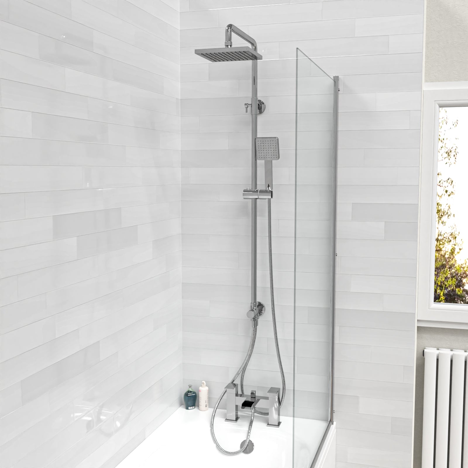 Square Chrome 2 Ways Exposed Shower Mixer Riser Rail & Handset