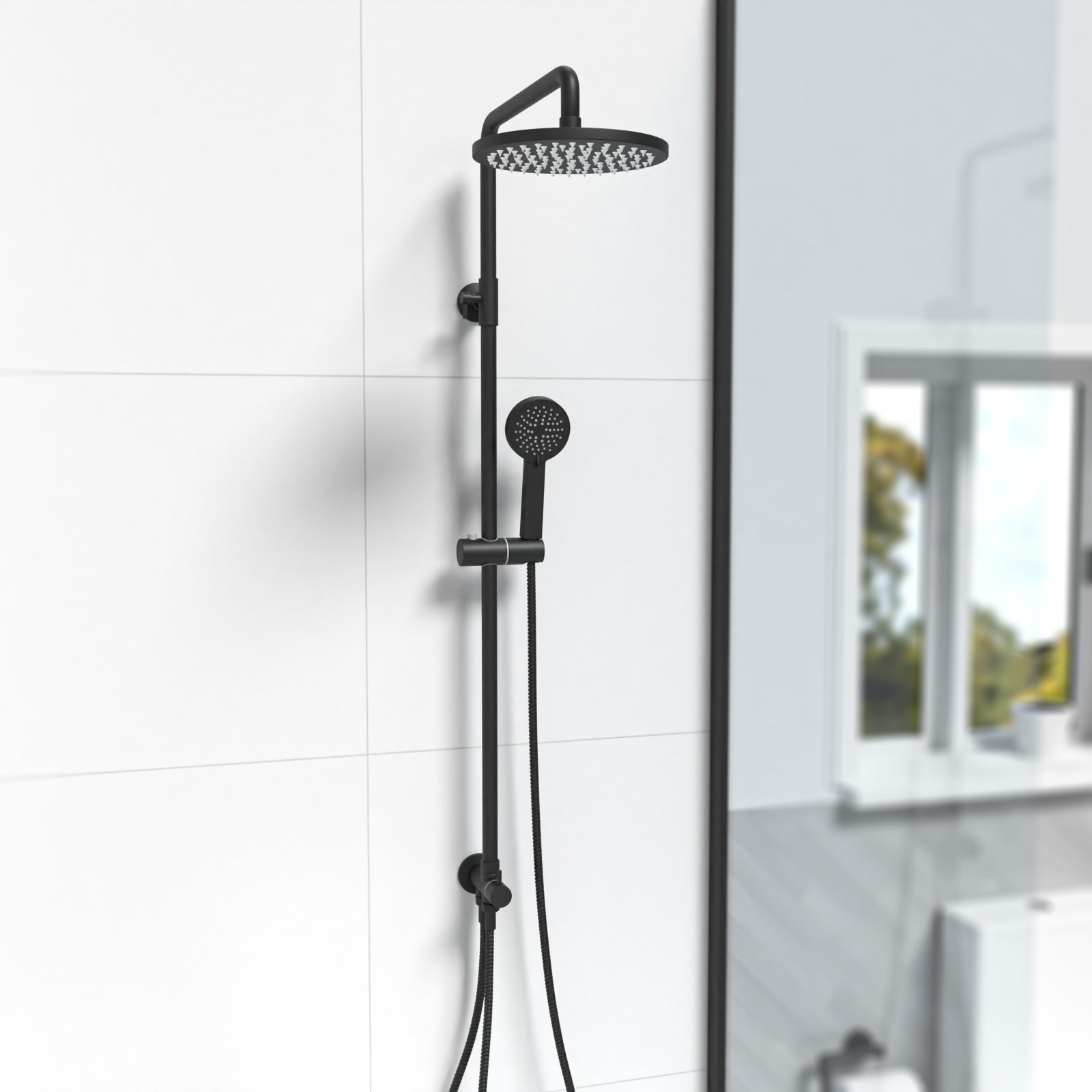 Matte Black Round Exposed Shower Mixer Riser Rail Kit & 3 Mode Handset