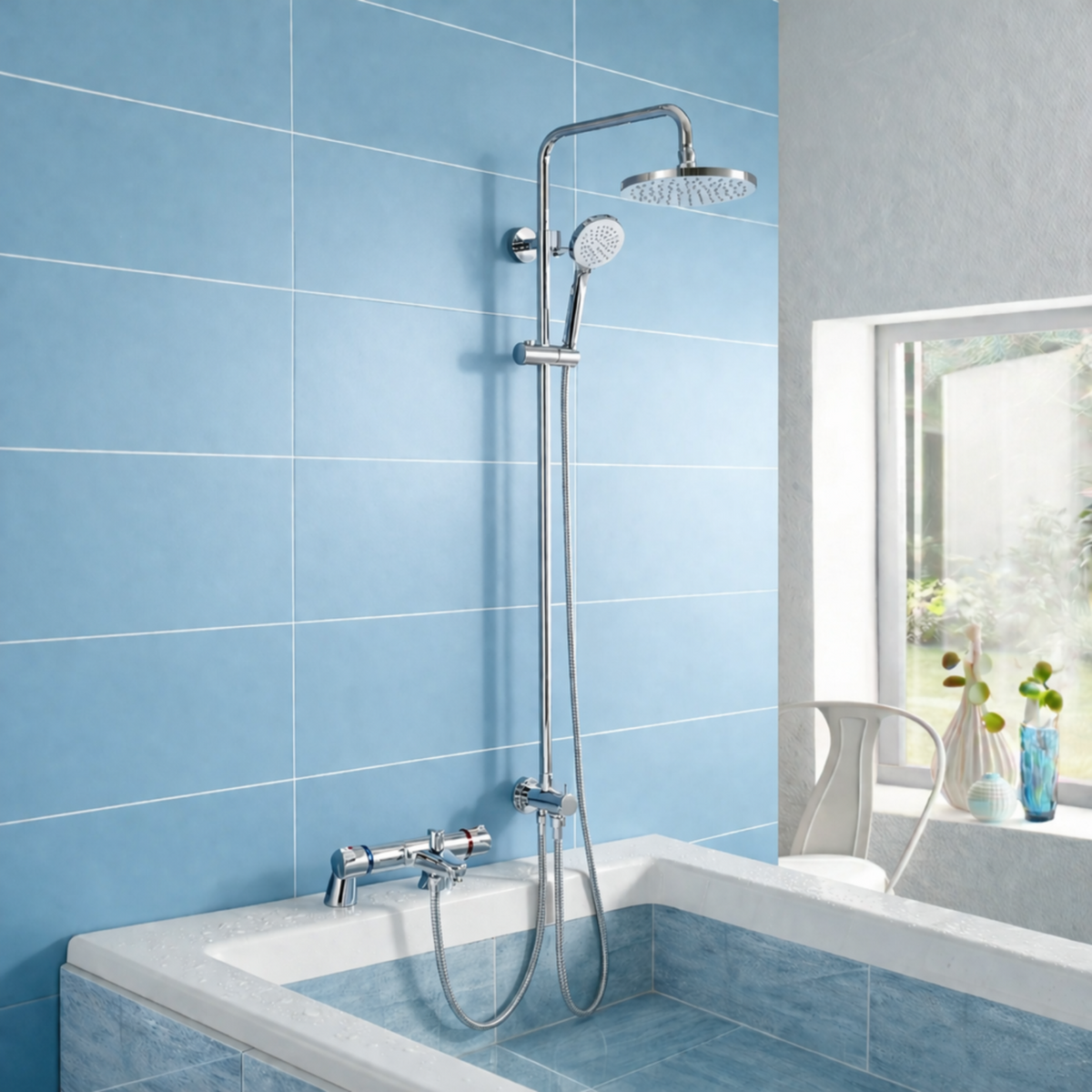 Winstead Round Chrome Thermostatic Bath Shower Mixer & Multi Function Shower Riser Kit