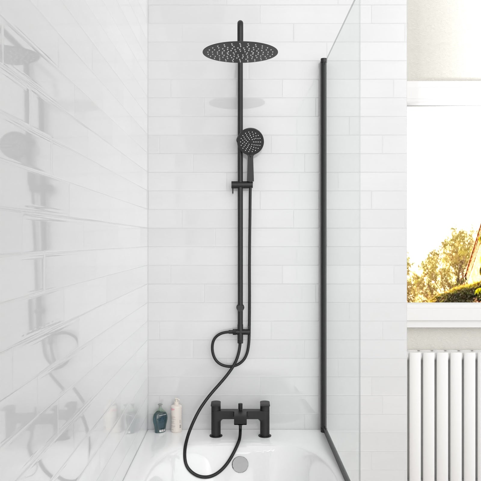 Stamford Round Shower & Vago Bath Mixer Tap, Handset & Riser Rail Kit Matte Black