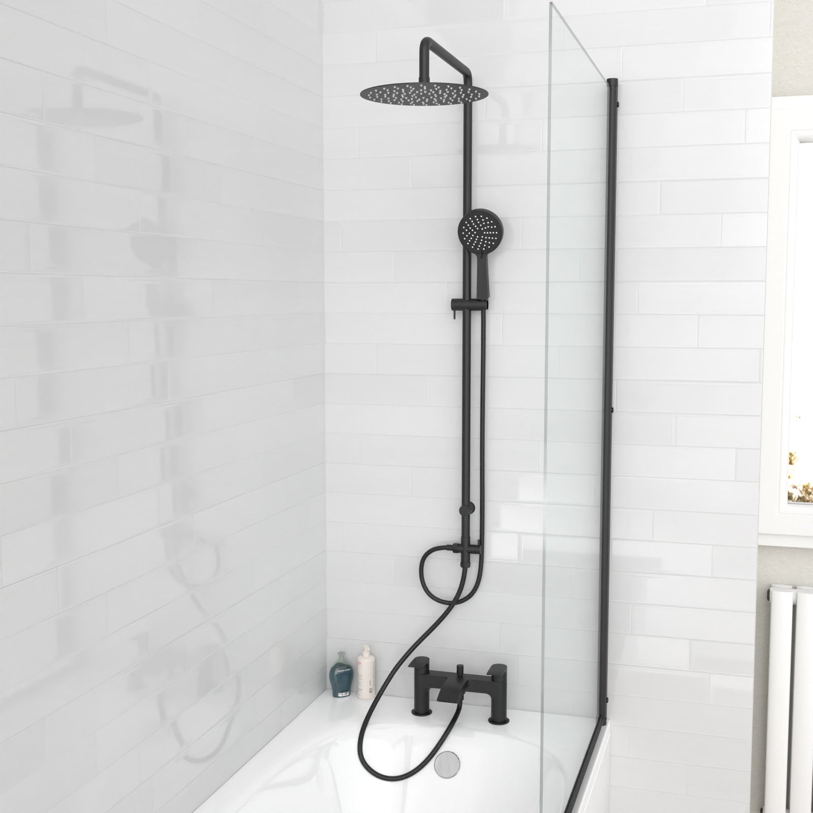 Stamford Round Shower & Vago Bath Mixer Tap, Handset & Riser Rail Kit Matte Black