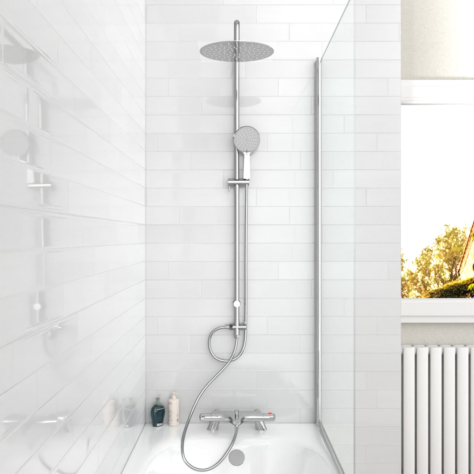 Tasley Exposed Round Shower, Safety Button Thermostatic Mixer Tap, Handset & Rail Kit