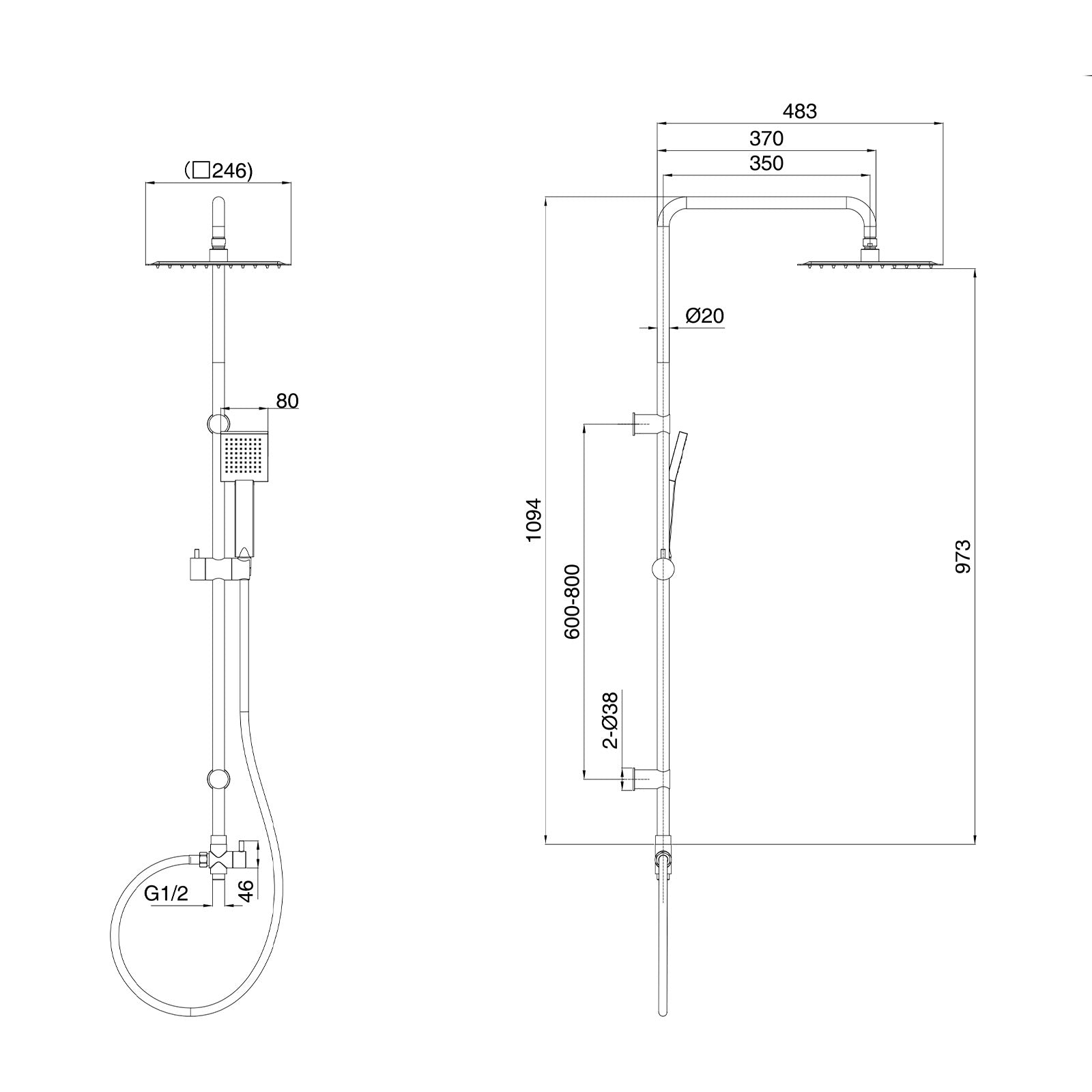 Walton Exposed Square Shower, Safety Button Thermostatic Mixer Tap, Handset & Riser Rail Kit