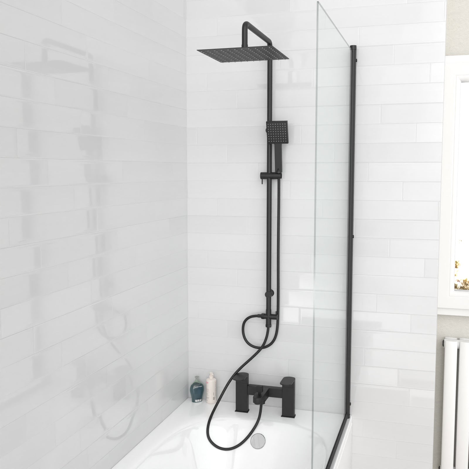 Knighton Square Shower Mixer With Eclipse Bath Tap, Handset & Riser Rail Kit Matte Black