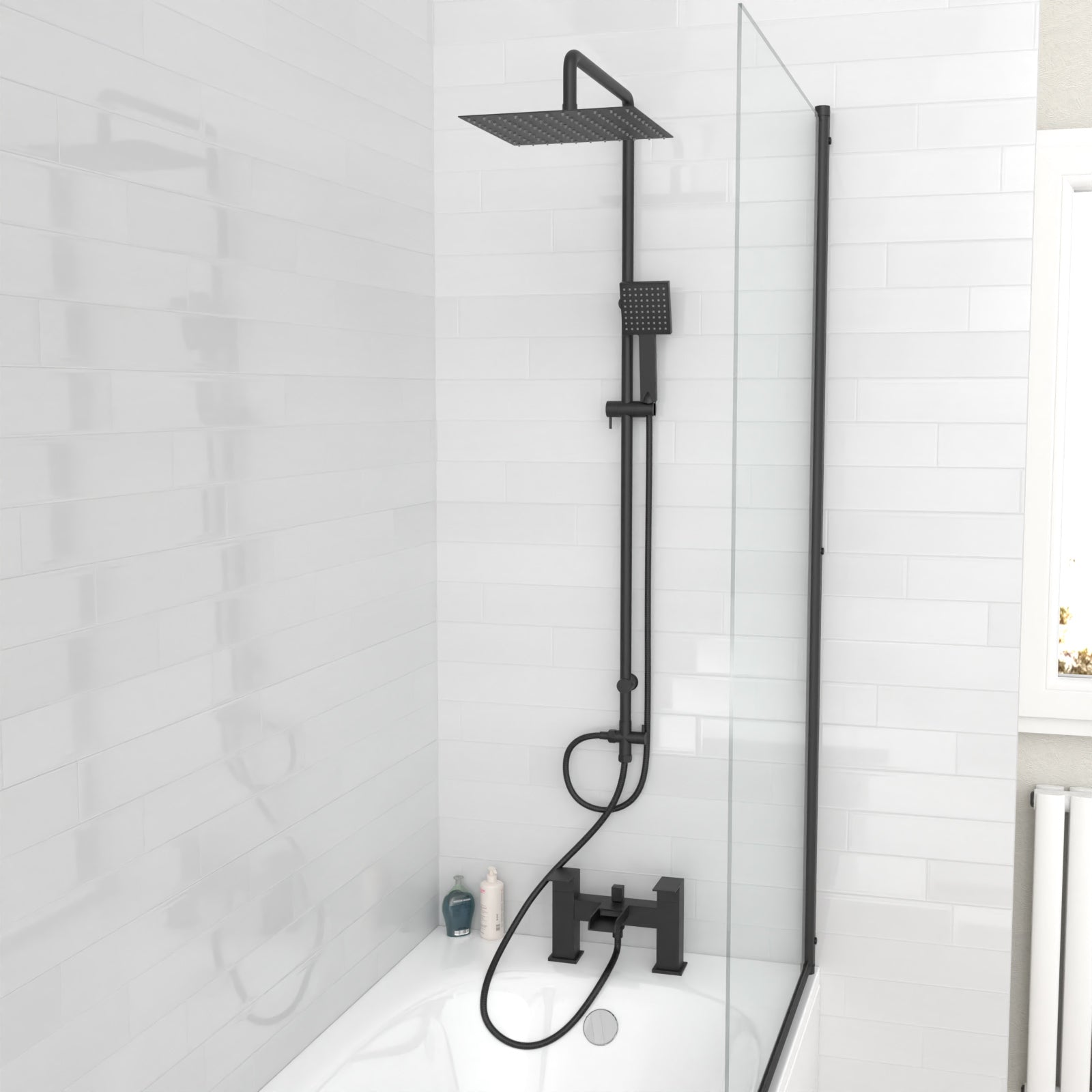 Ashton Square Shower & Ozone Waterfall Mixer Tap, Handset & Riser Rail Kit Matte Black