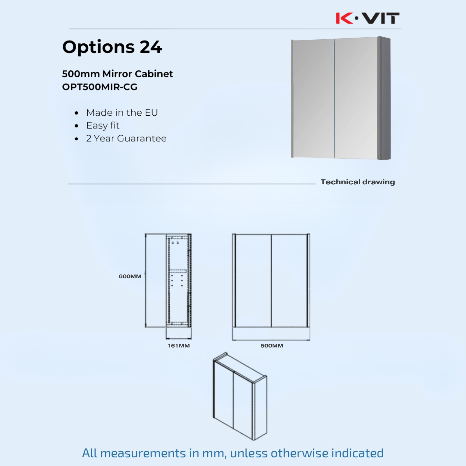 Kartell Modern Options-24 500mm W x 600mm H Cool Grey Wall Mounted 2 Door Mirror Cabinet - OPT500MIR-CG