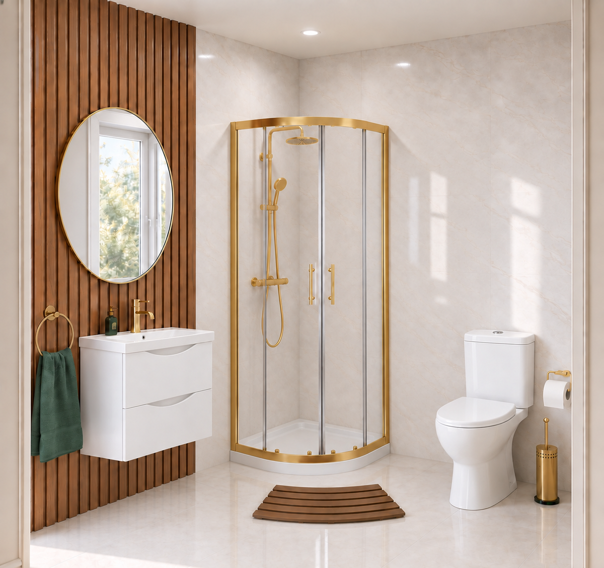 Enclosure Suite - 800mm Quadrant Screen with 600mm 2 Drawers Wall Hung Vanity Unit & Close Coupled Toilet - Set with Brushed Brass Fittings
