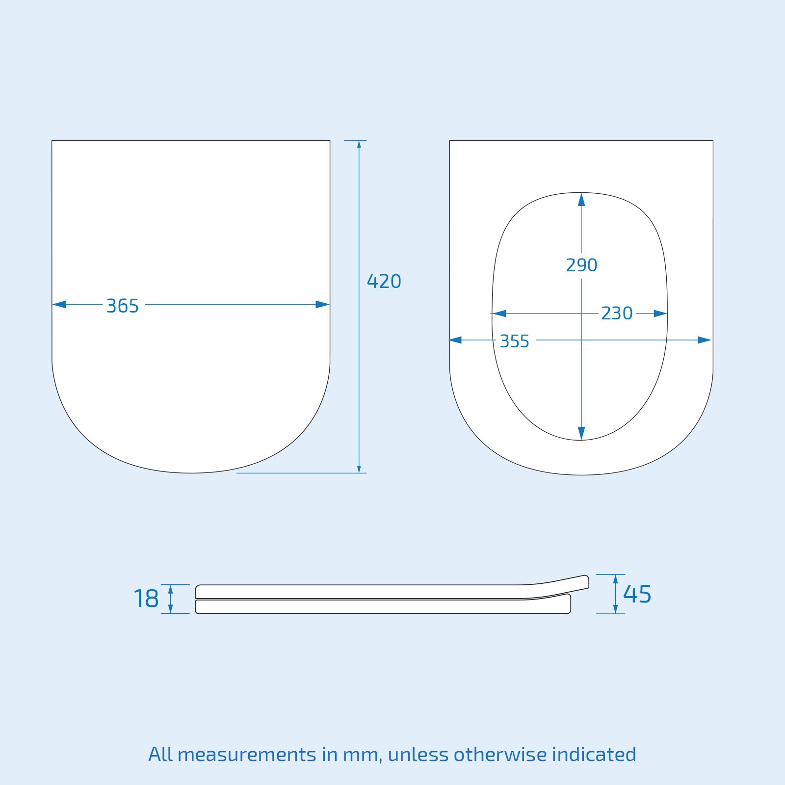 Measurement chart for toilet seat with dimensions on a light blue background