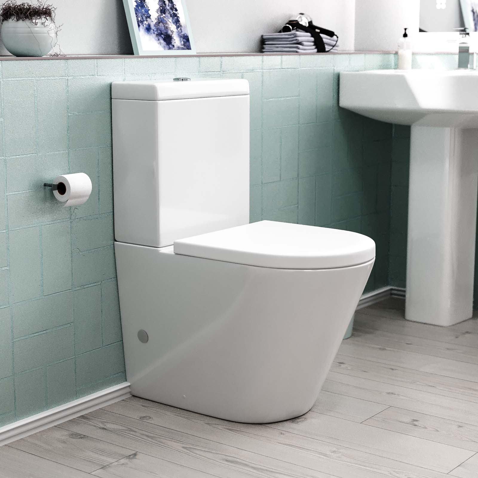 Modern Round Rimless Closed Coupled WC Toilet With Cistern And Soft Close Seat