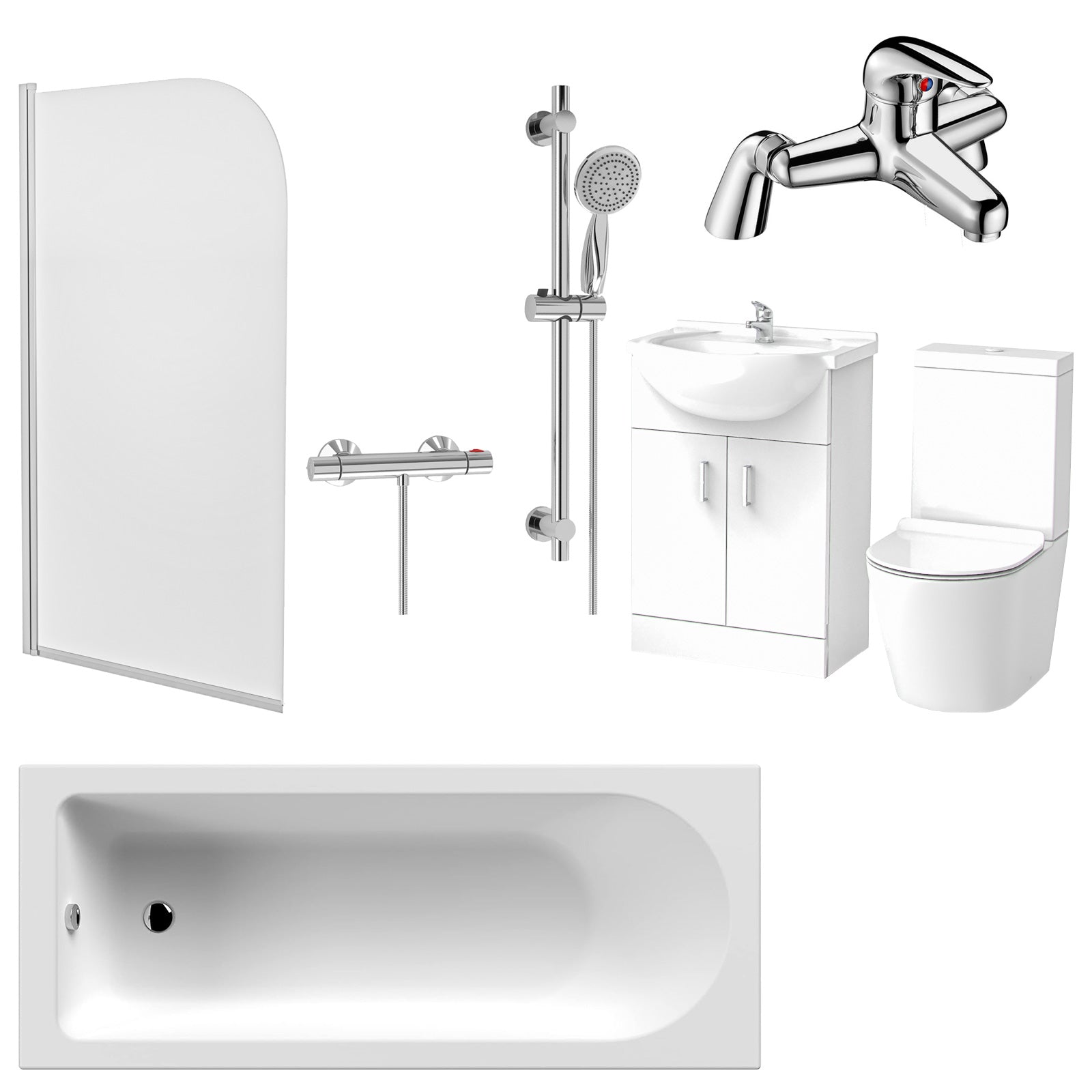 White 1700mm Bath Close Coupled Toilet Slider Rail Shower Basin Tap & Waste