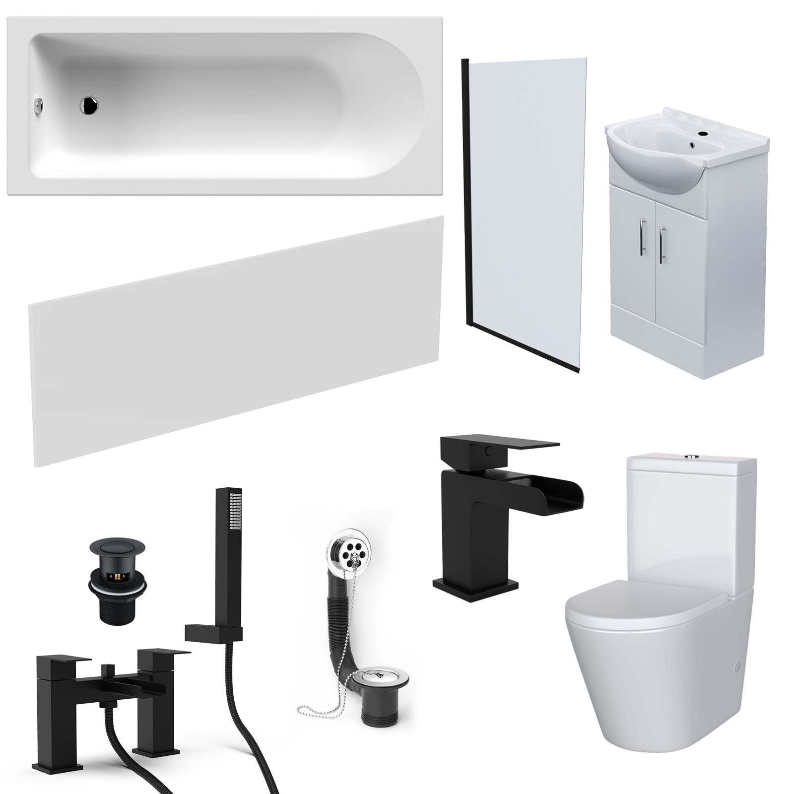 Ellen Bathroom Suite 1700mm Bath, Basin Vanity Unit, Toilet and Shower Screen