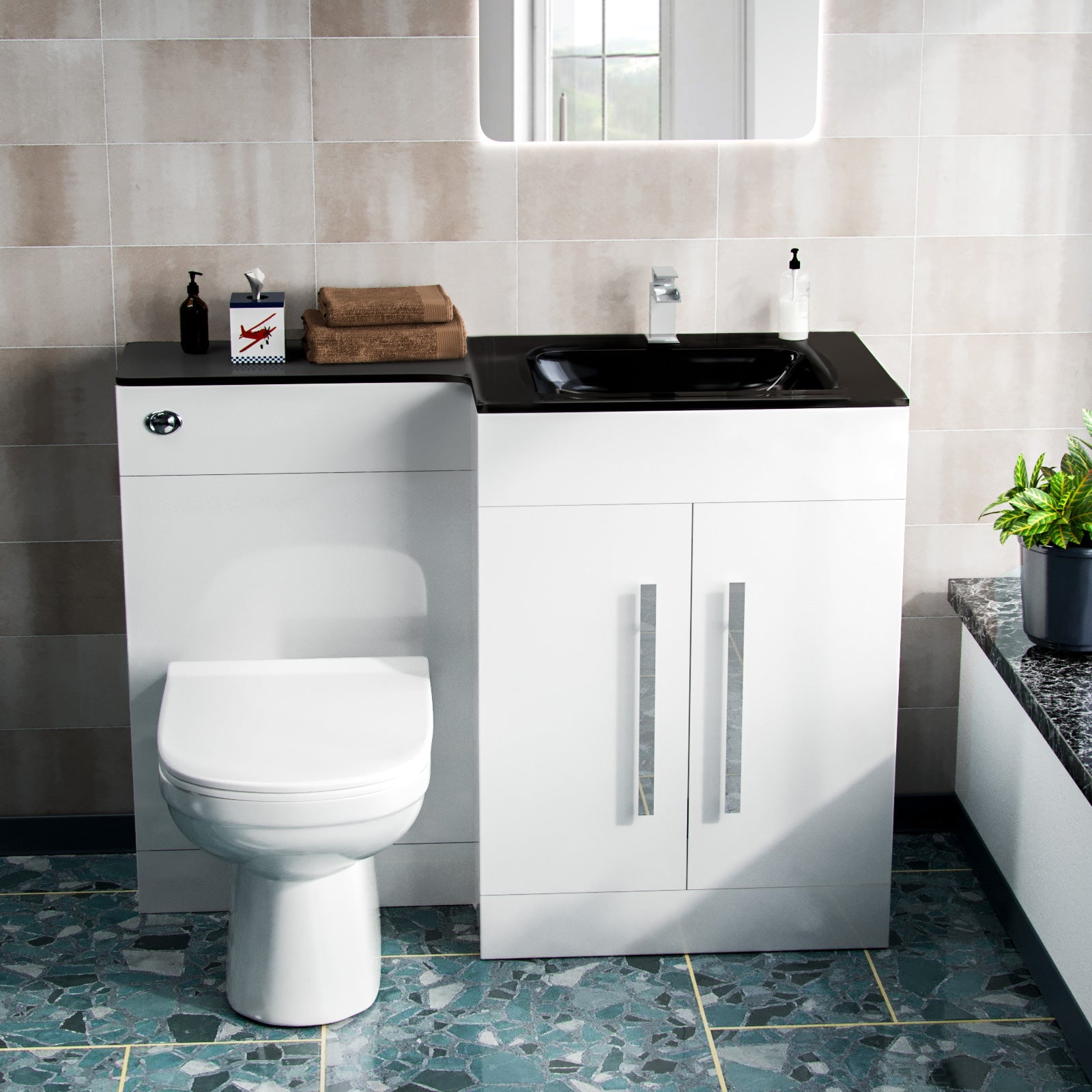 Aric 1100mm Vanity Basin Unit, WC Unit & Elso Back to Wall Toilet White with Black Basin