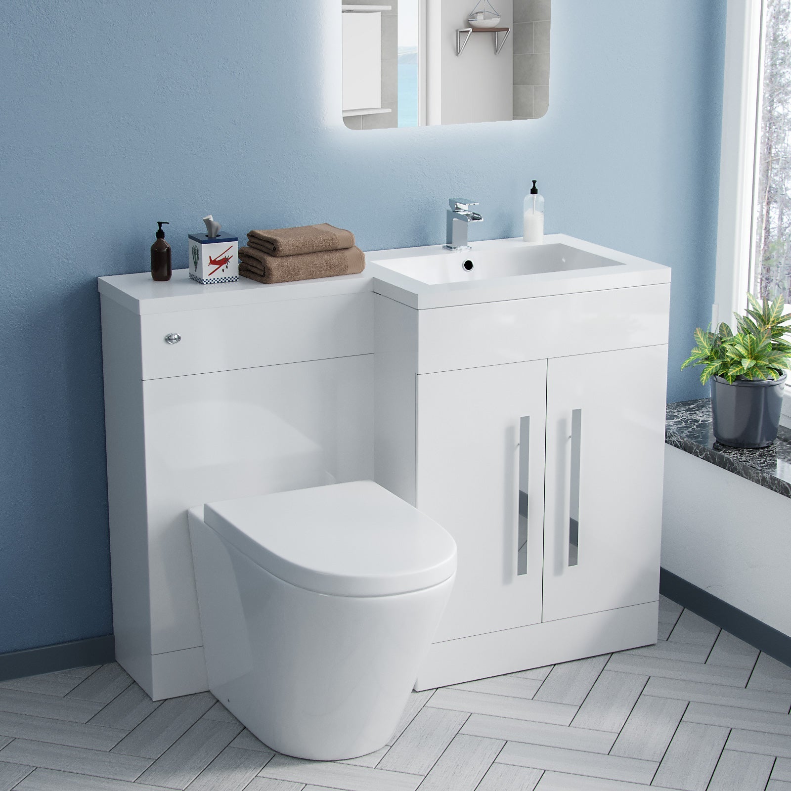 Aric 1100mm RH Vanity Sink Unit Back to Wall WC Rimless Toilet Flat Pack