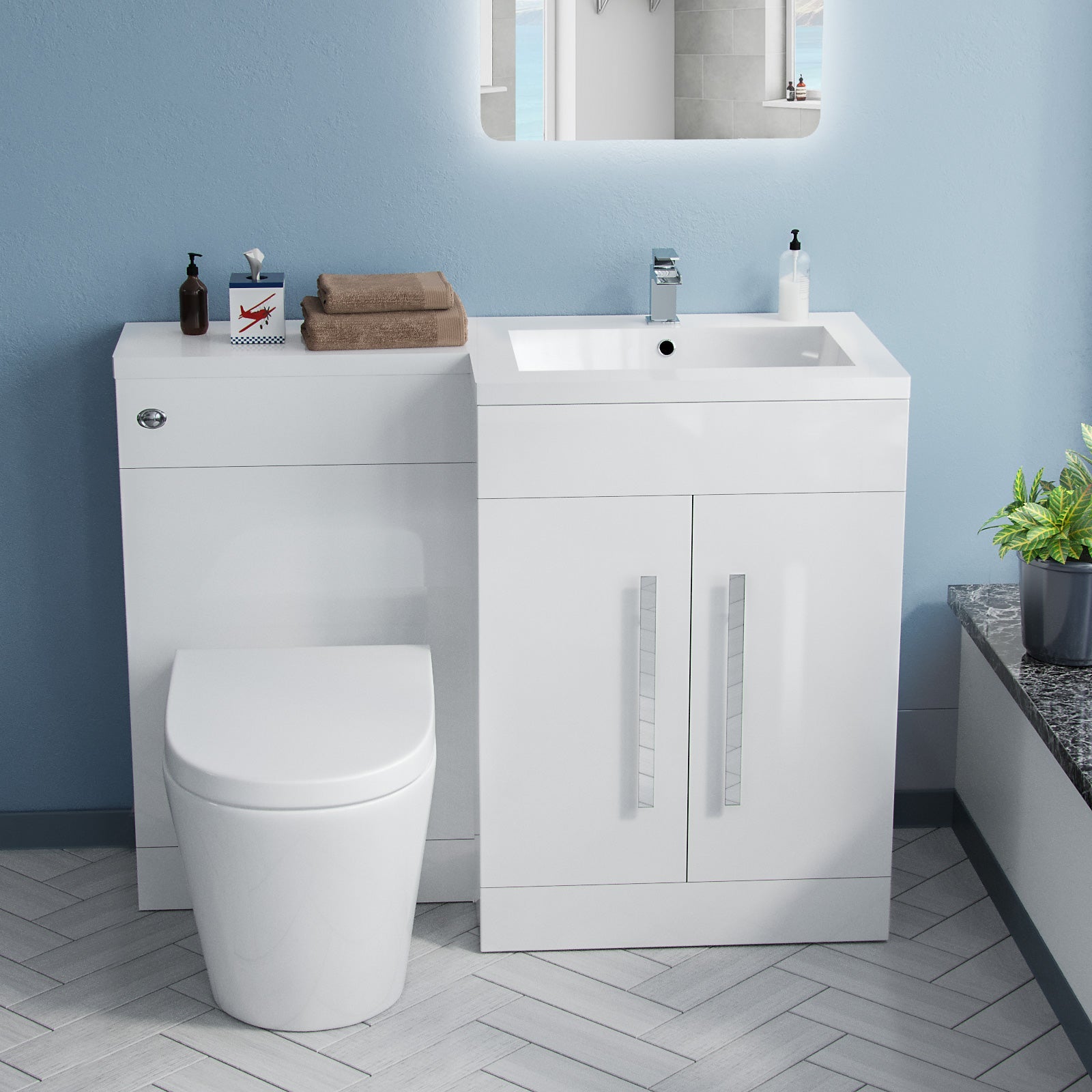 Aric 1100mm RH Vanity Sink Unit Back to Wall WC Rimless Toilet Flat Pack