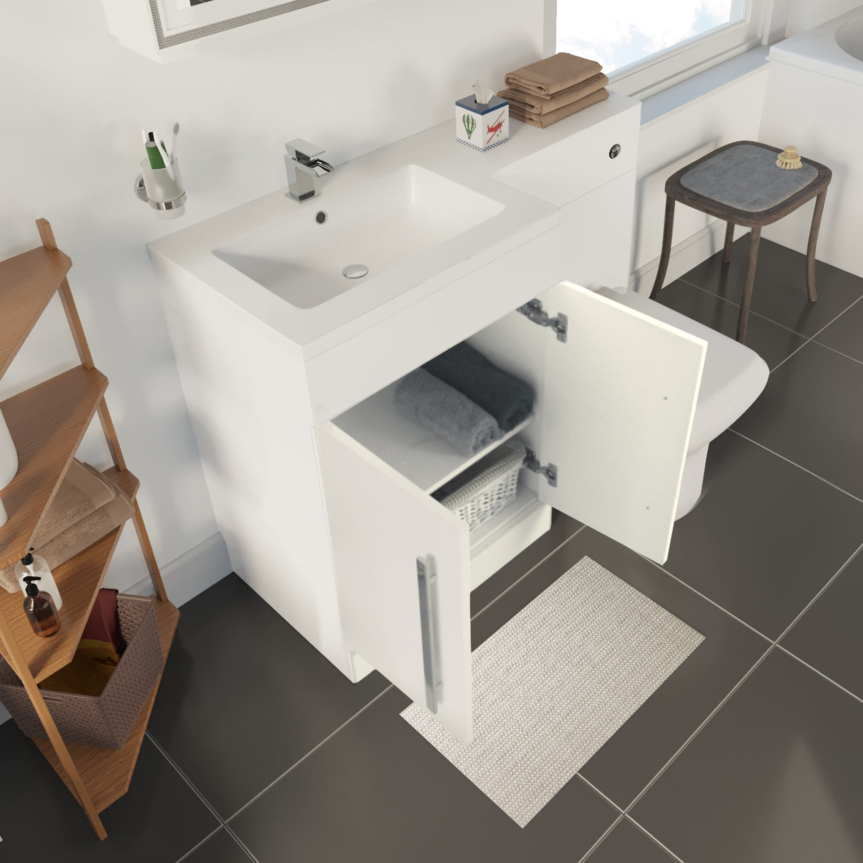 Aric 1100mm RH Vanity Basin Unit, WC Unit & Eddy Rimless Back To Wall Toilet White Flat Pack