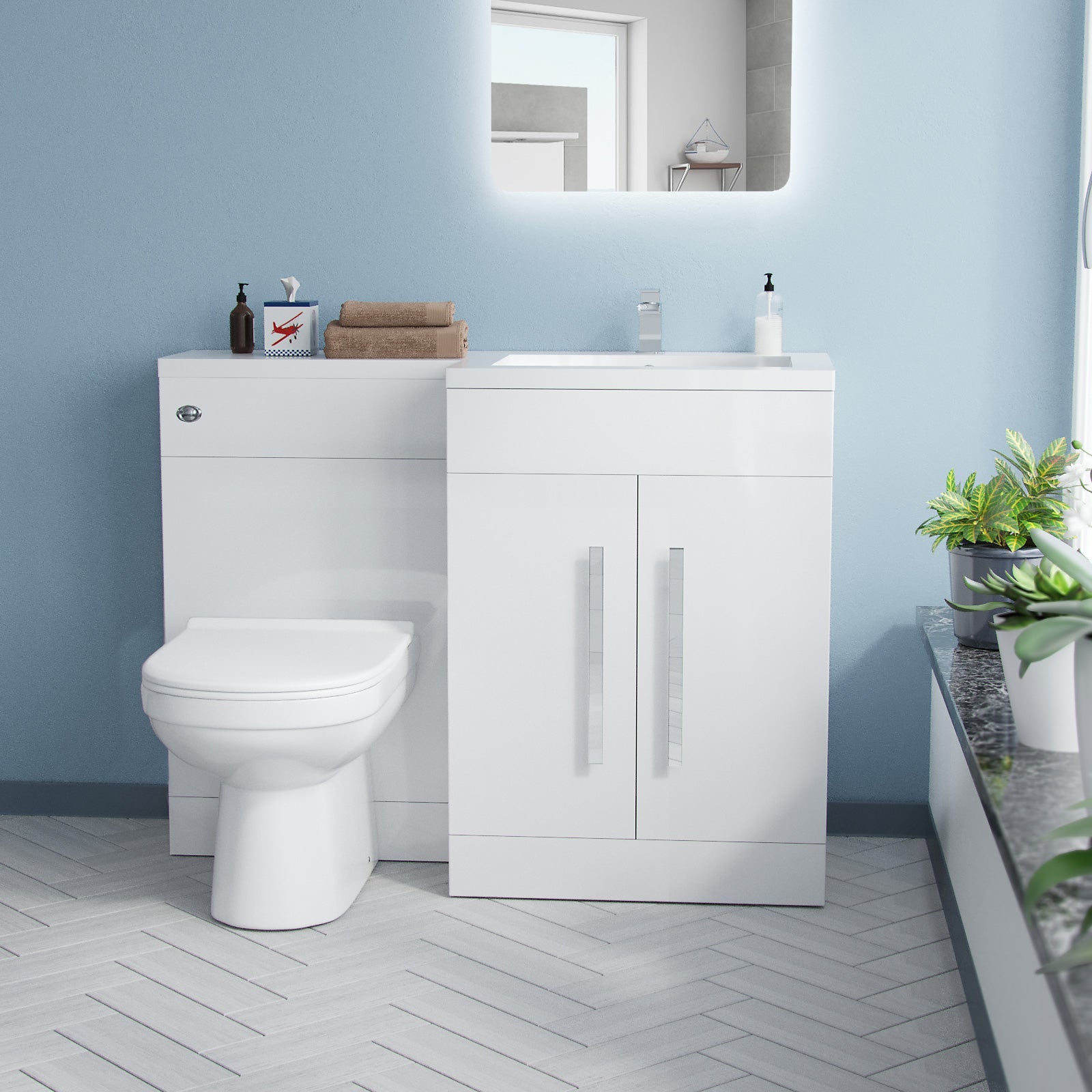 Aric White 1100mm L-Shape RH Basin Vanity Unit BTW WC Toilet Flat Pack