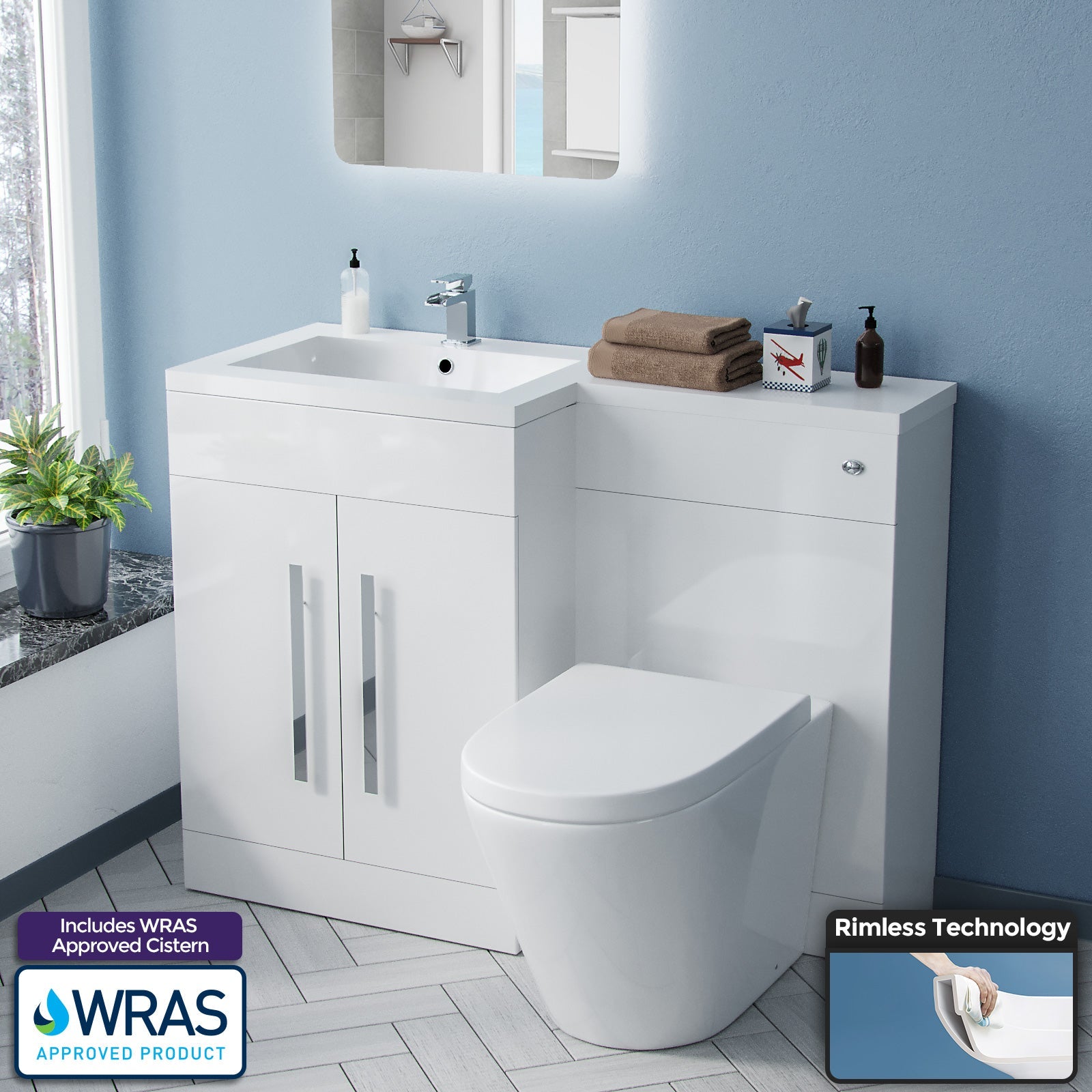 Aric 1100mm Vanity Basin Unit, WC Unit & Ellis Back To Wall Toilet White