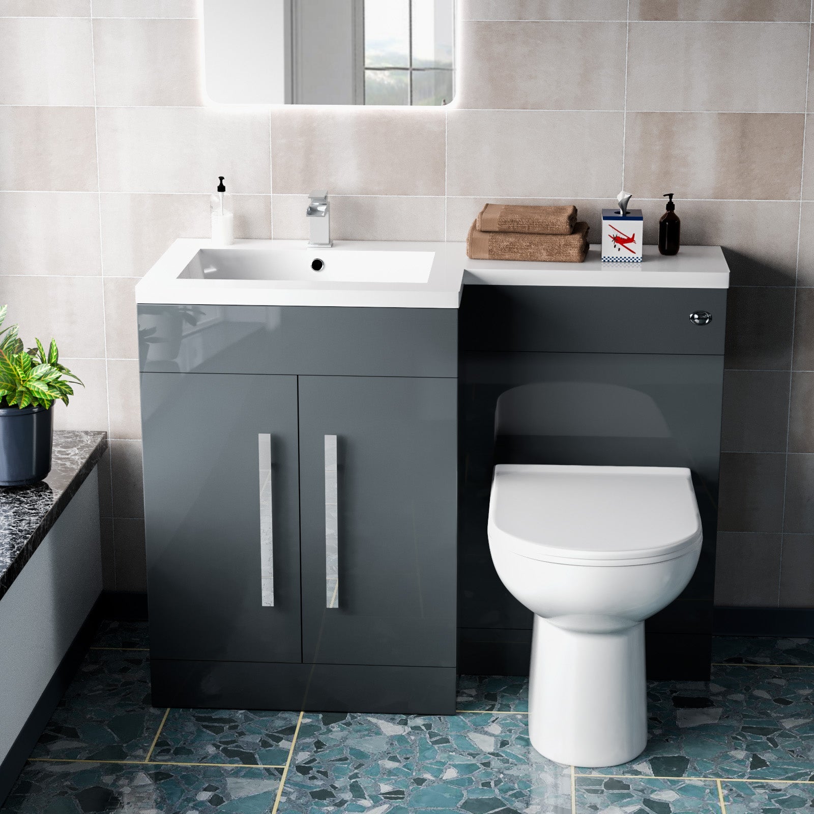 Aric 1100mm LH Freestanding Grey Vanity with BTW Toilet, WC & Basin