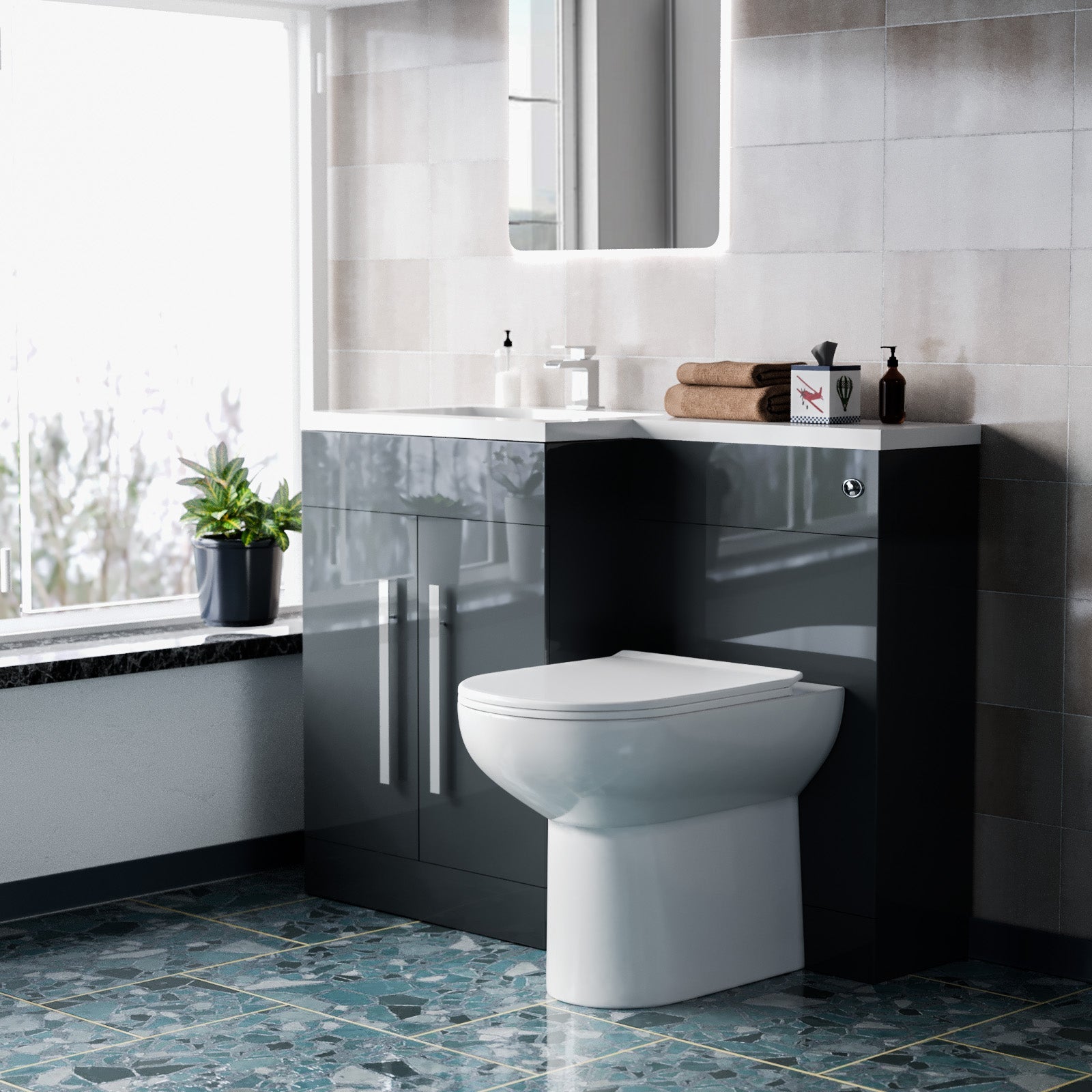 Aric 1100mm LH Freestanding Grey Vanity with BTW Toilet, WC & Basin