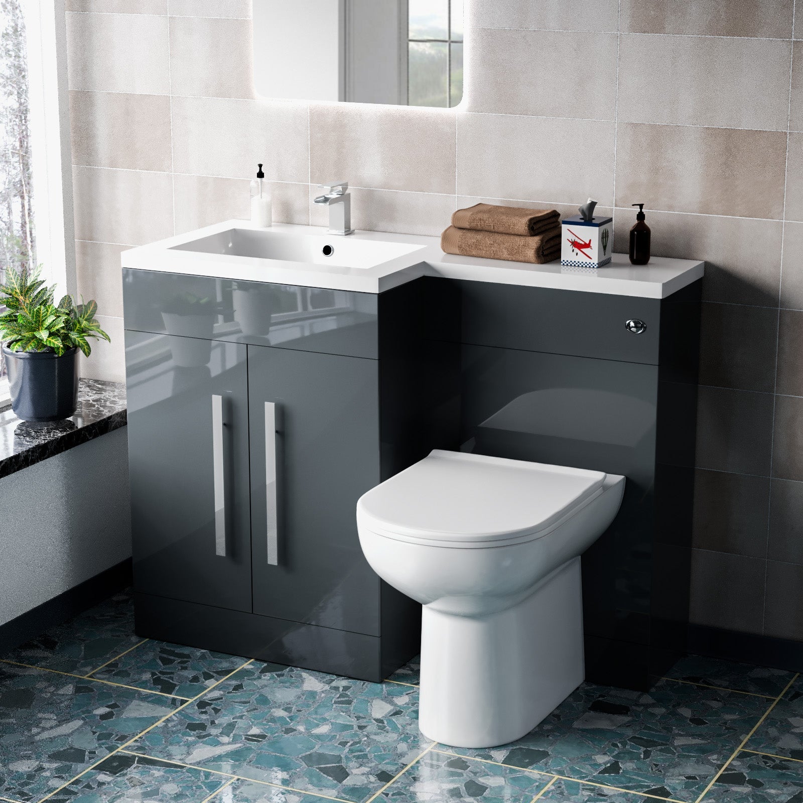 Aric 1100mm LH Freestanding Grey Vanity with BTW Toilet, WC & Basin